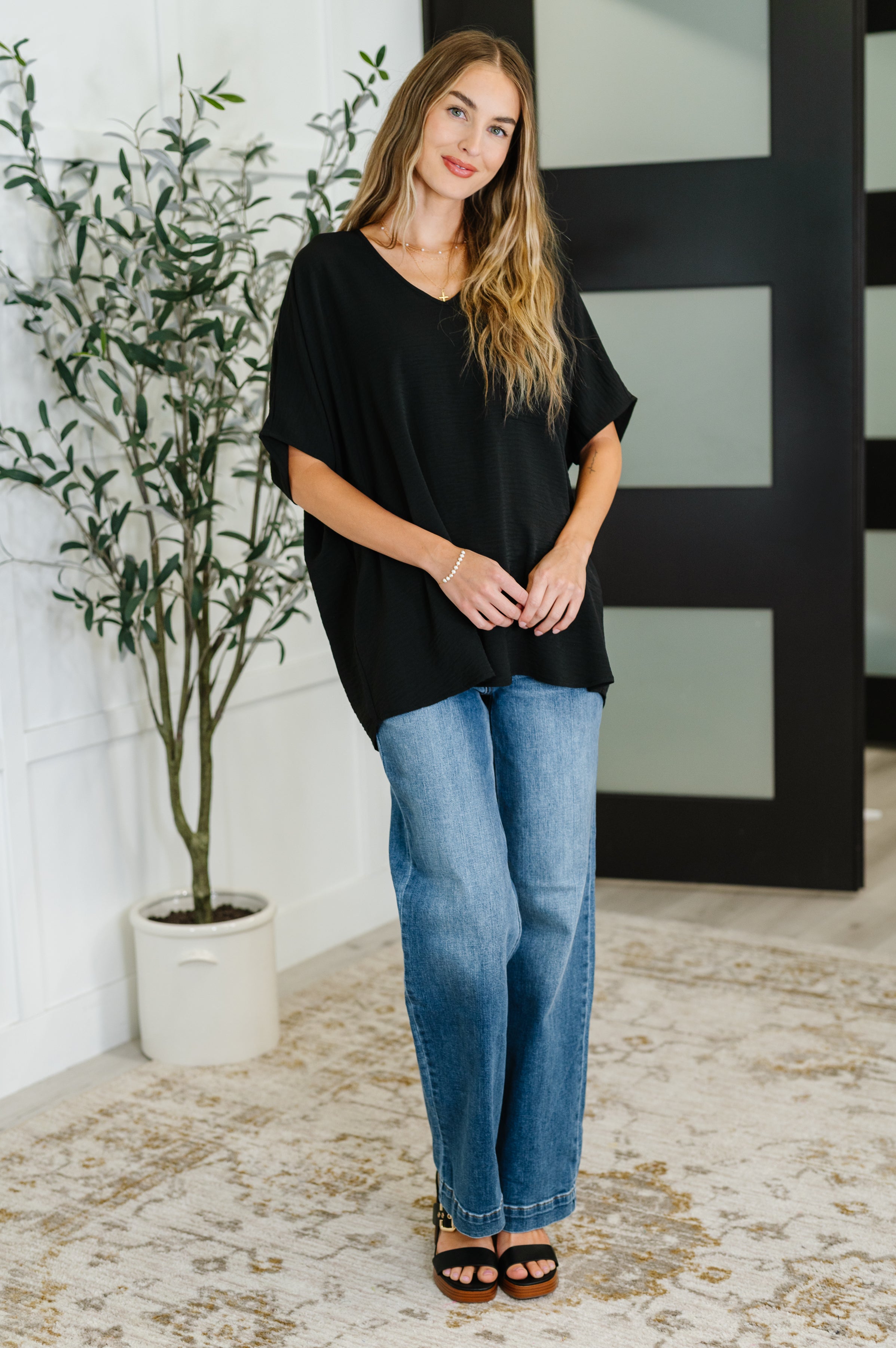 Coastal Ease V-Neck Top • Black