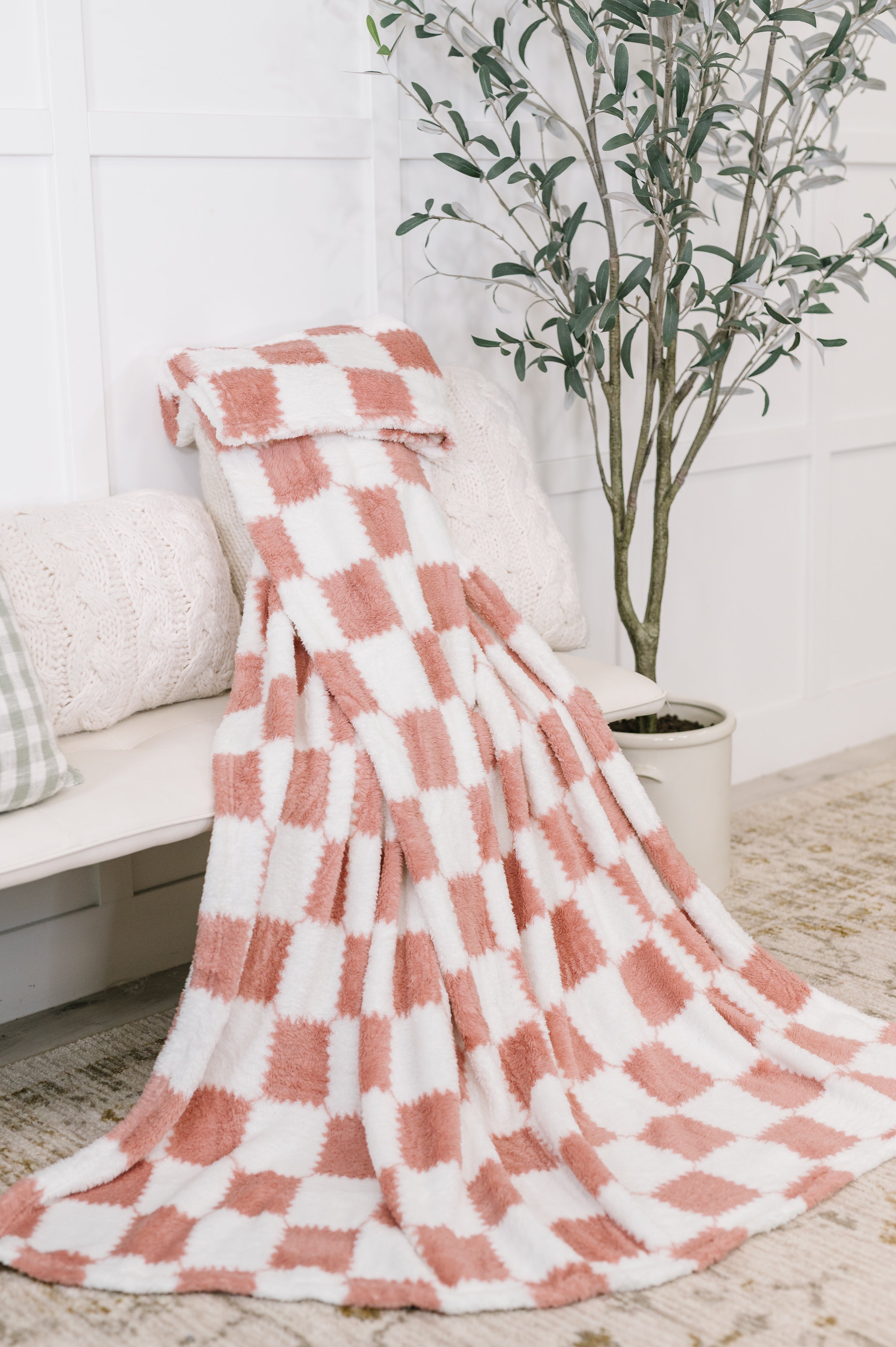 Pink and white checkered blanket draped over a chair in a cozy room with a plant.