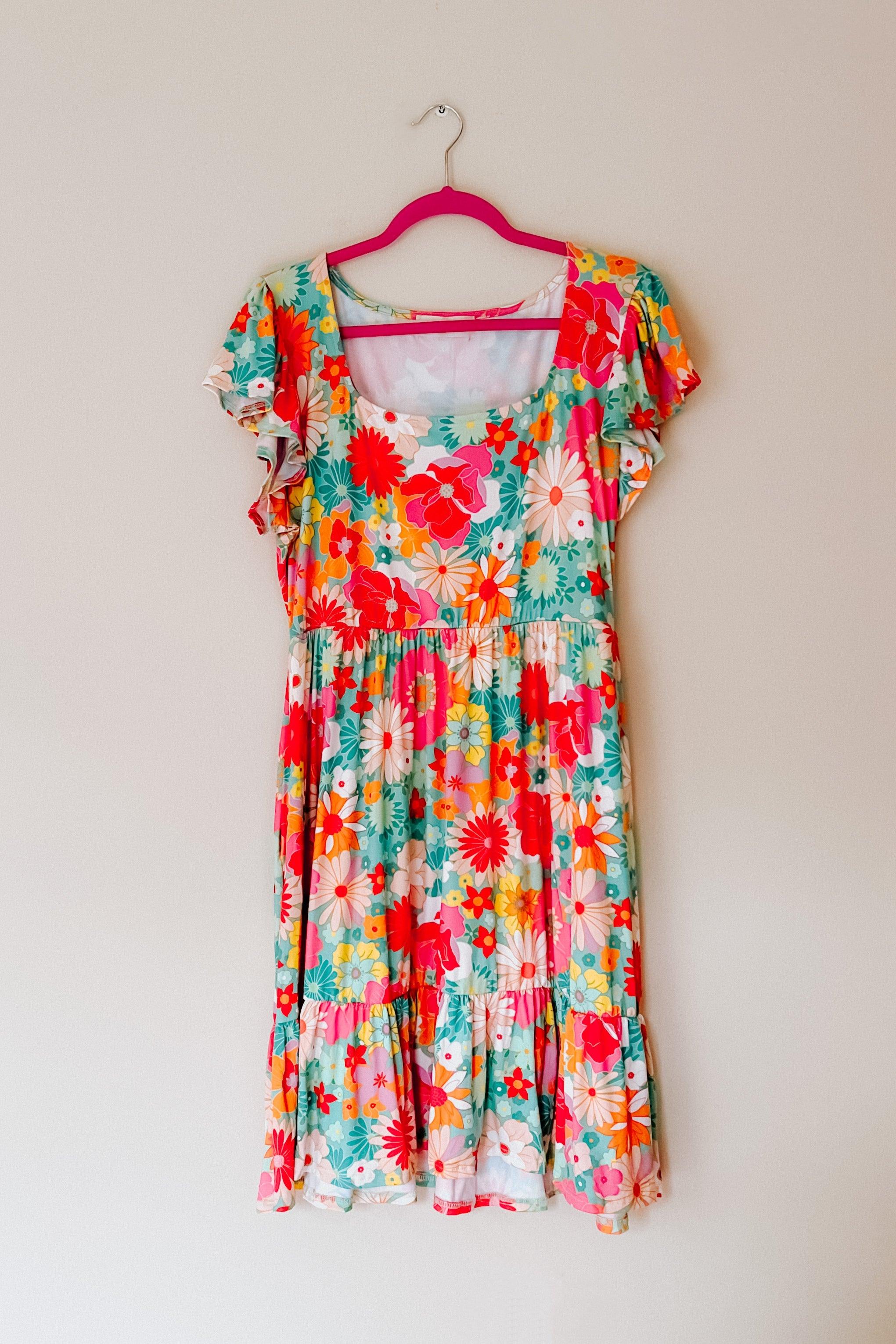 Sheen Of Spring Floral Square Neck Dress - Atomic Wildflower