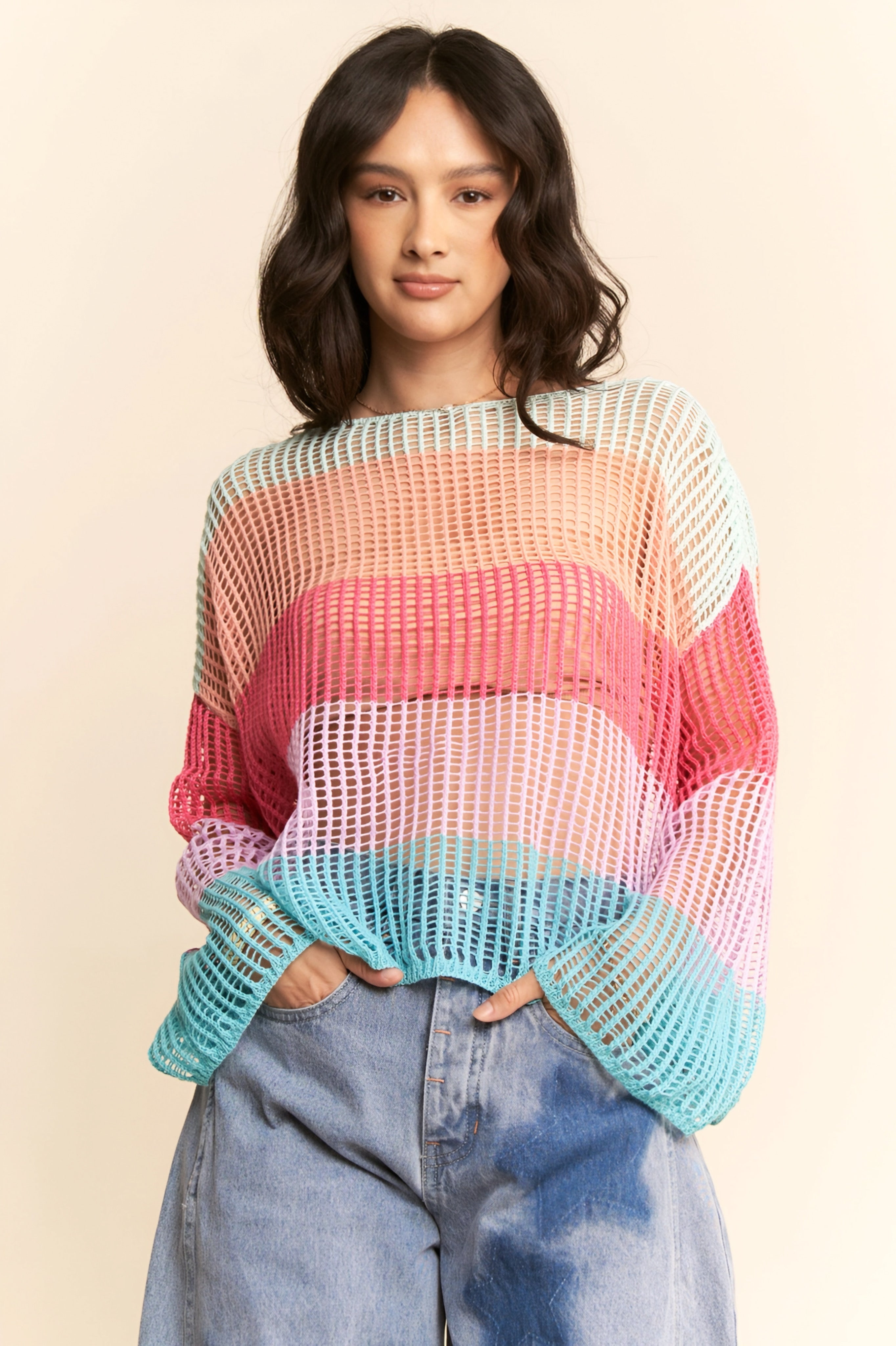 Friend Of A Friend Striped Bell Sleeve Crochet Mesh Pullover