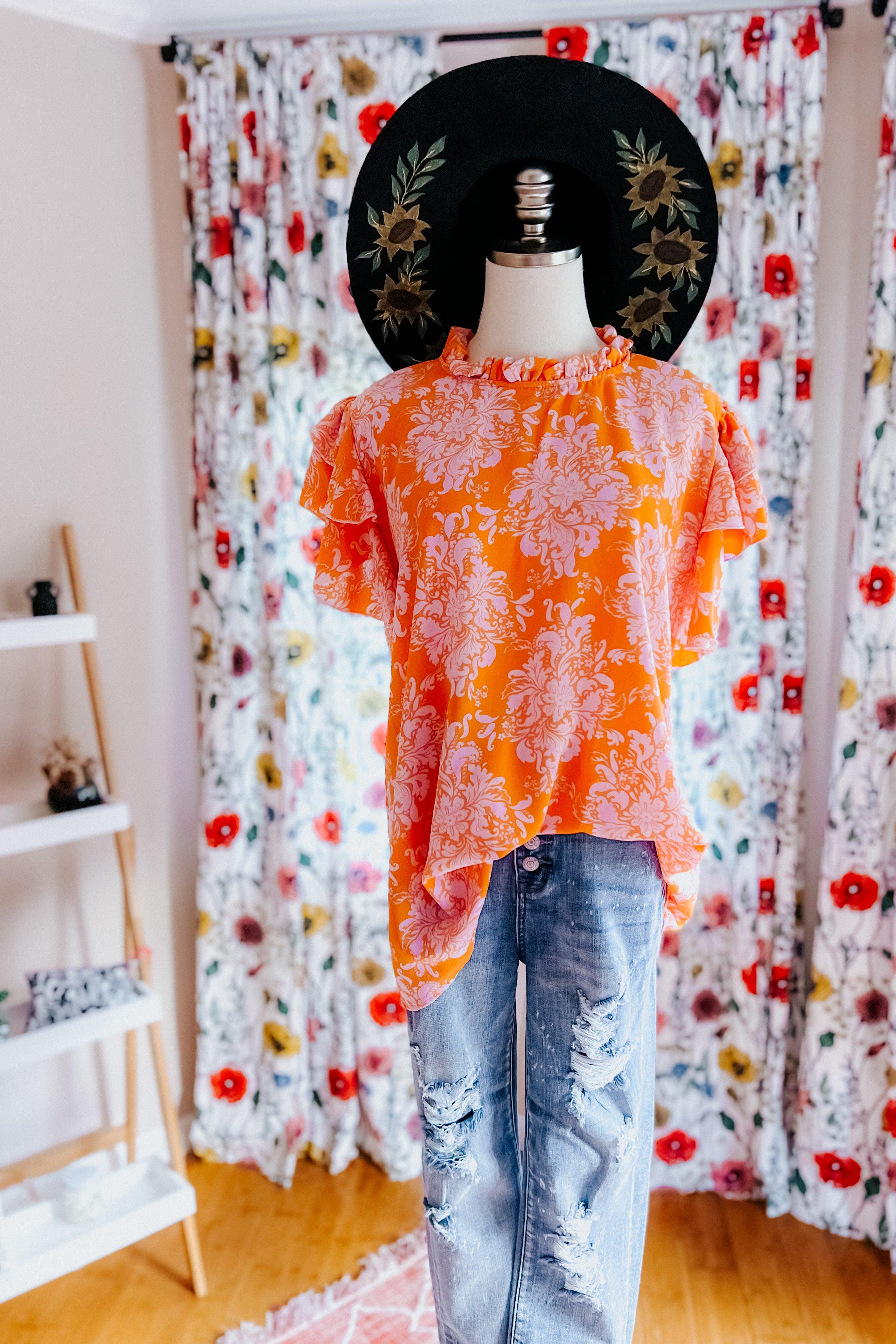 So Sweet Mock Neck Flutter Sleeve Top - Atomic Wildflower
