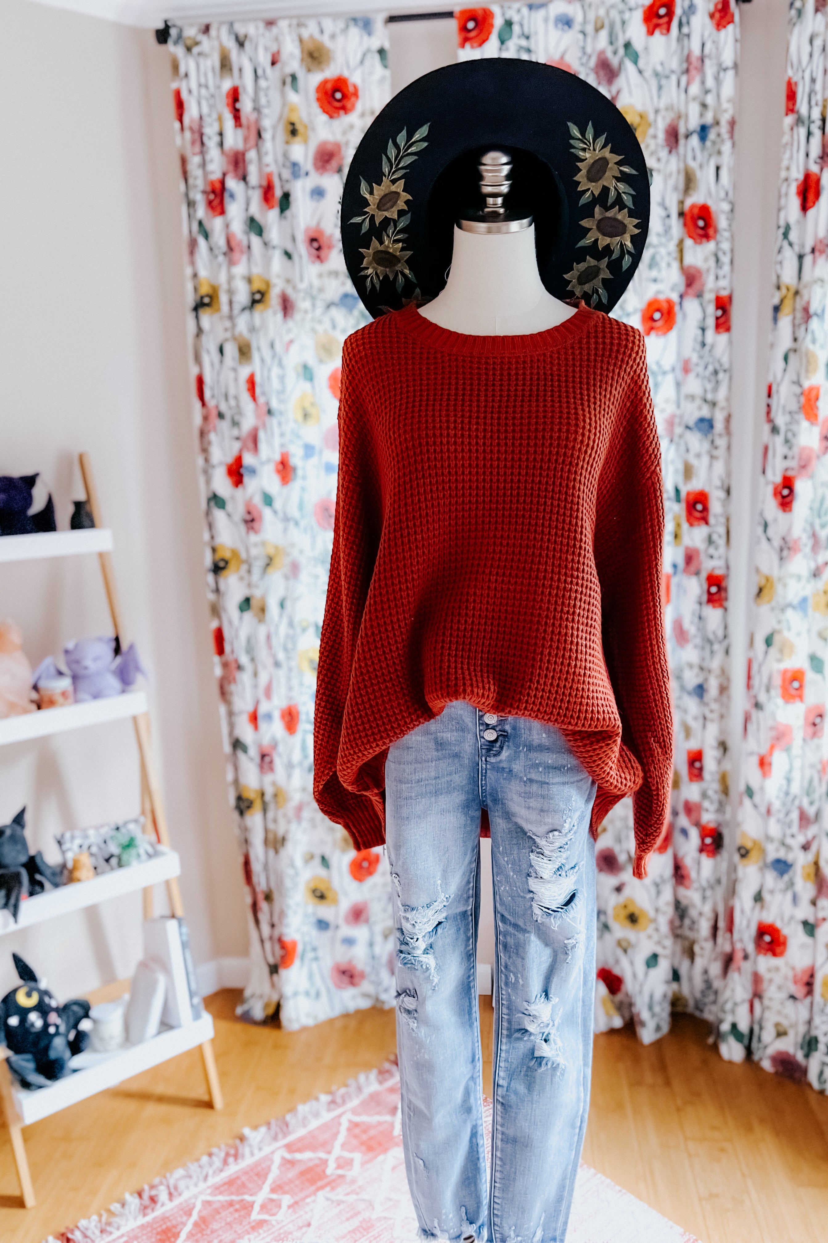 All Put Together Waffle Knit Hi-Low Sweater • Dark Rust