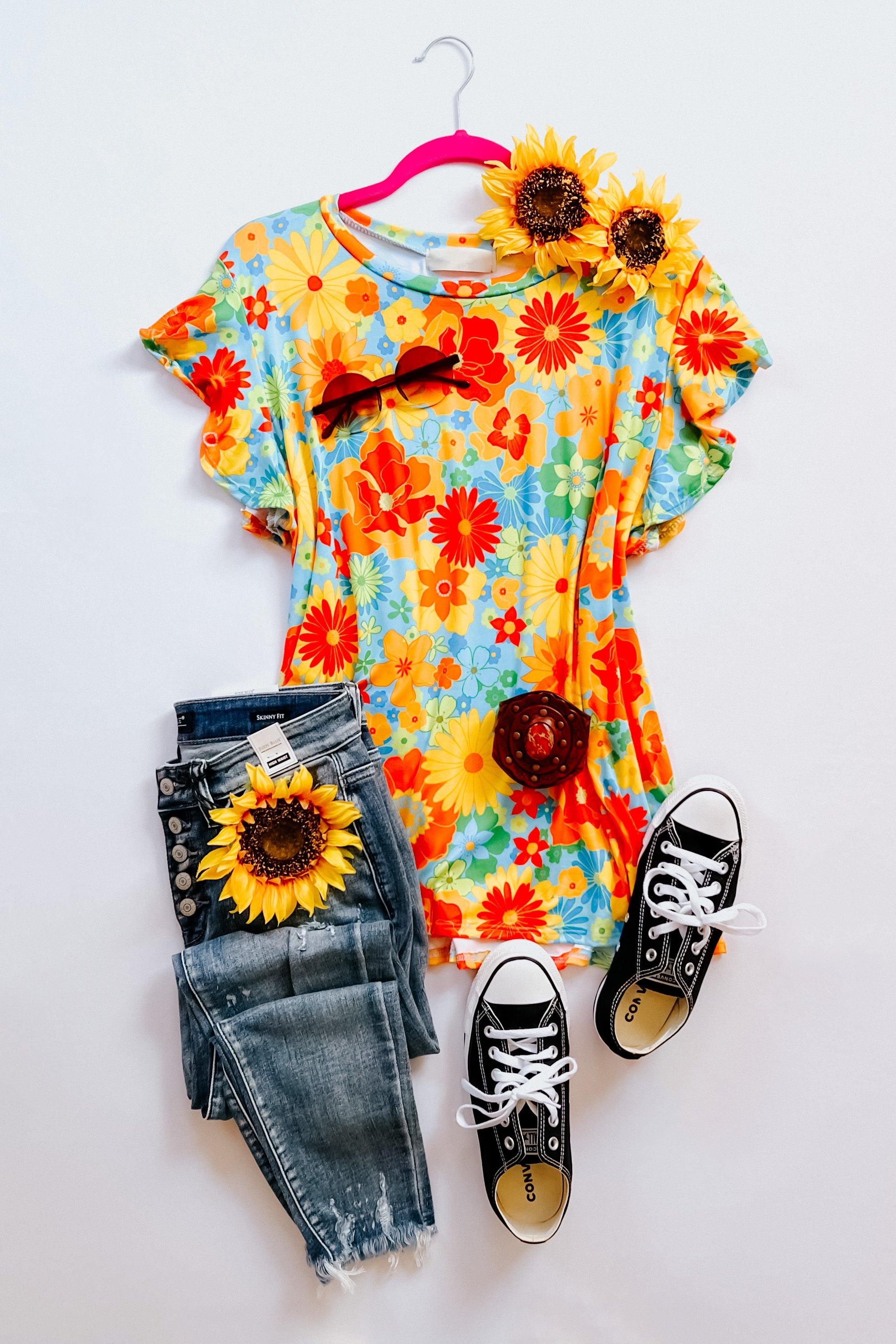 Perfect Day Floral Flutter Sleeve Top - Atomic Wildflower