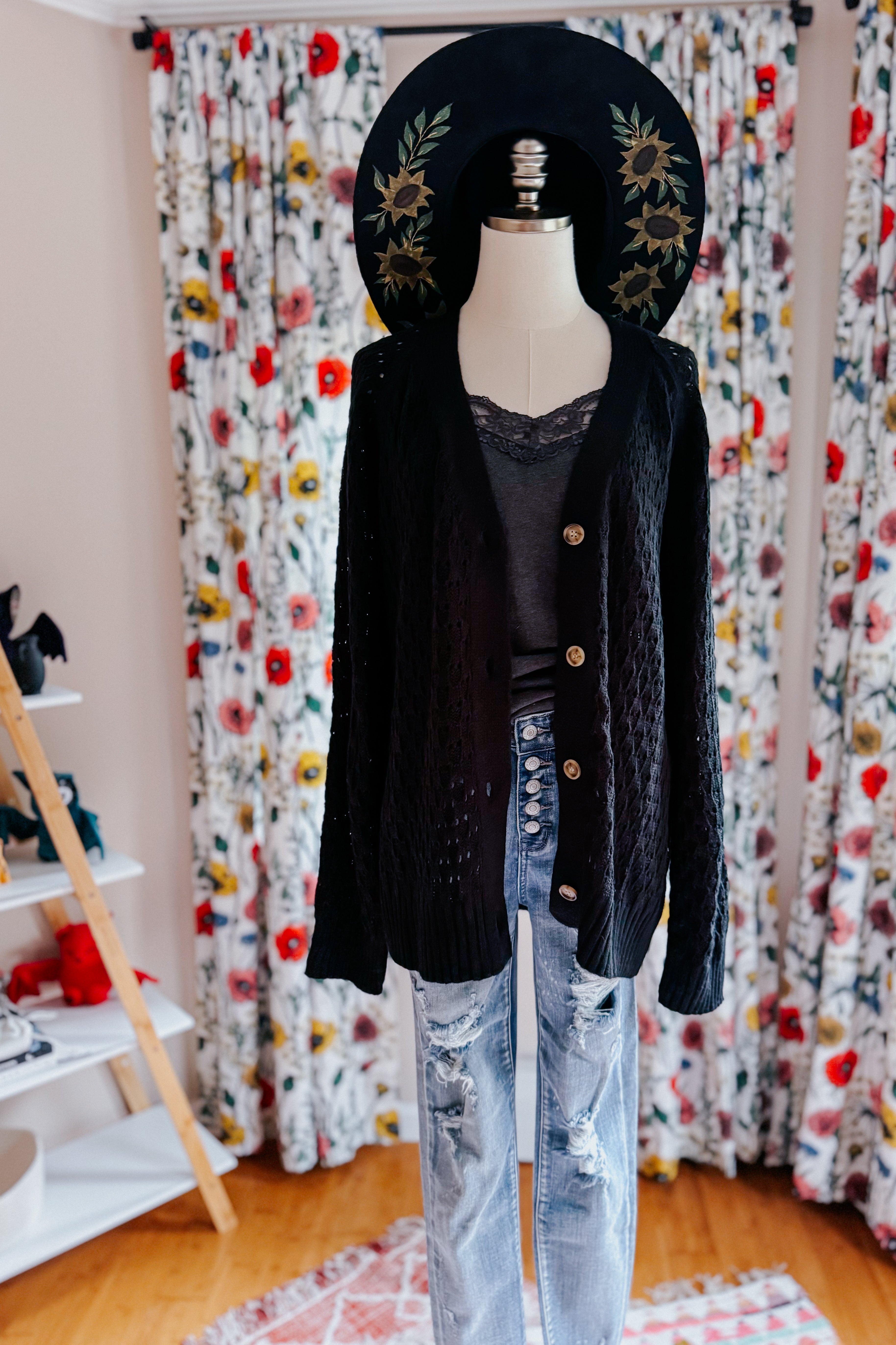 Wallflower Pointelle Knit Button Down Cardigan • Black