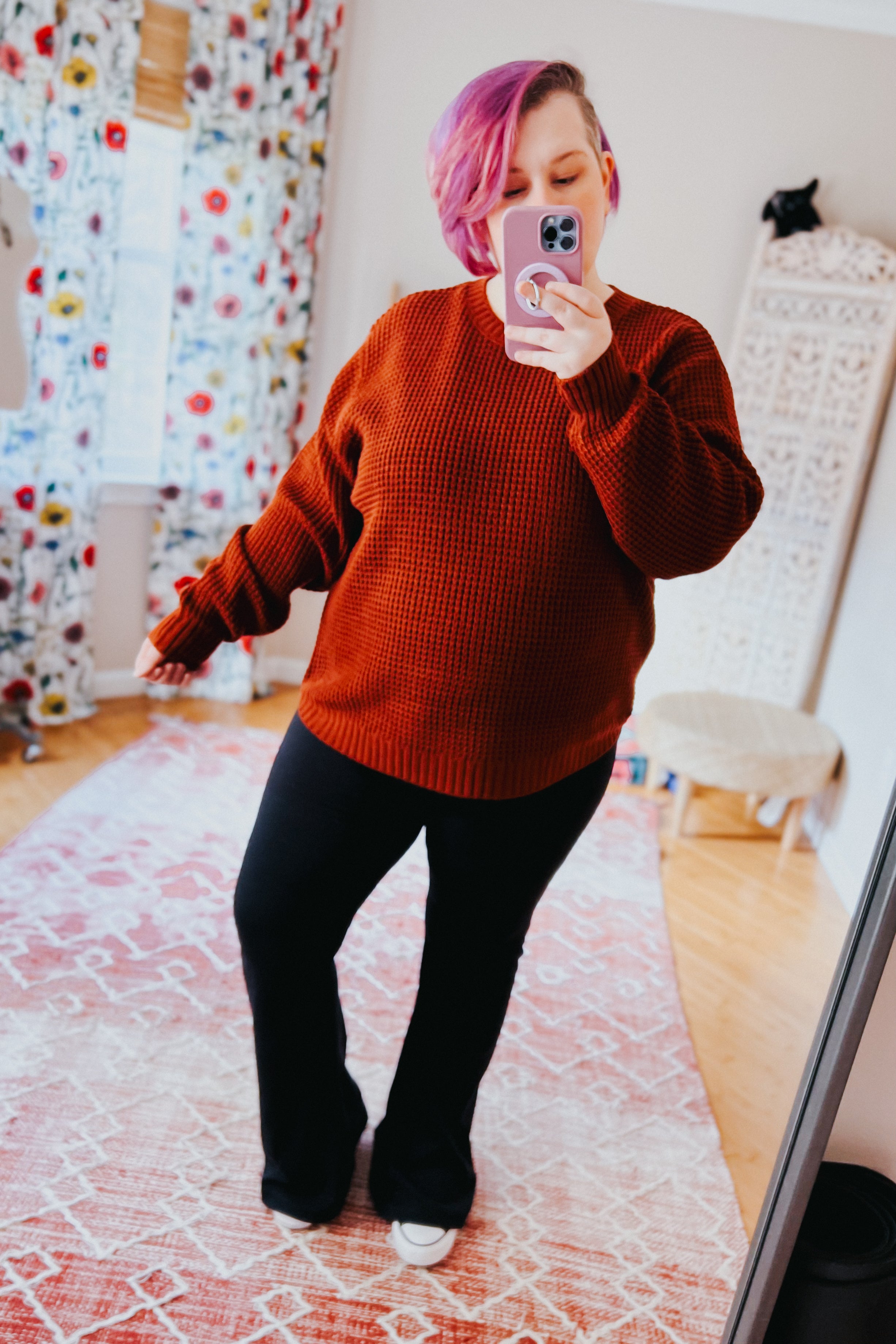 All Put Together Waffle Knit Hi-Low Sweater • Dark Rust
