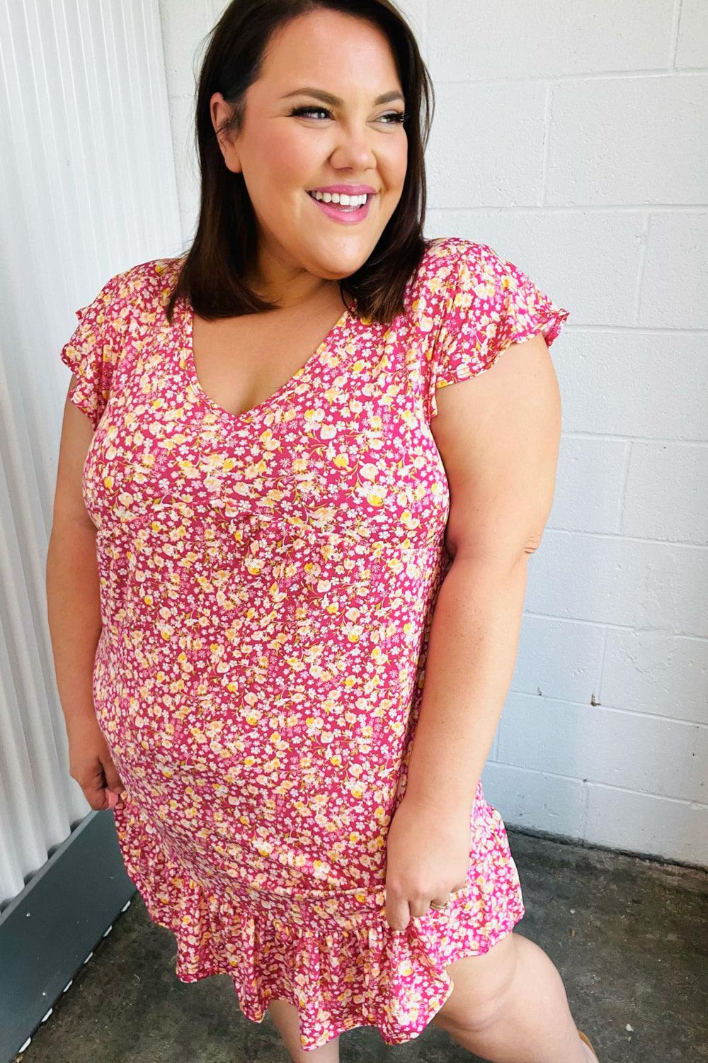 French Rose Floral Babydoll Midi Dress - Atomic Wildflower