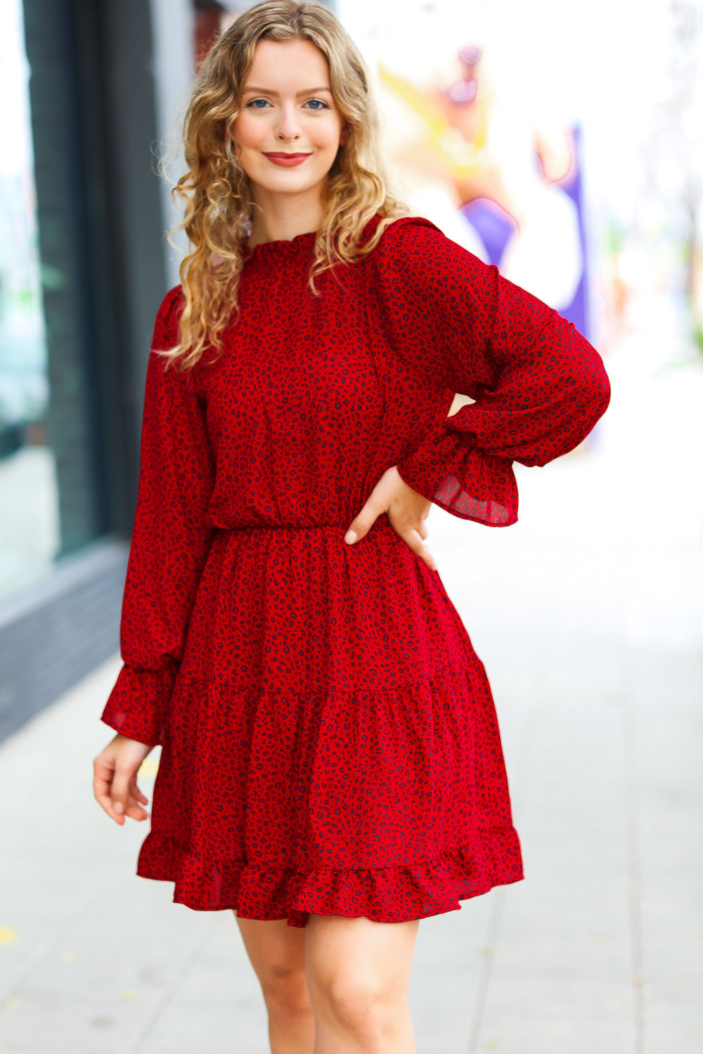 Simply Merry Animal Print Mock Neck Tiered Dress