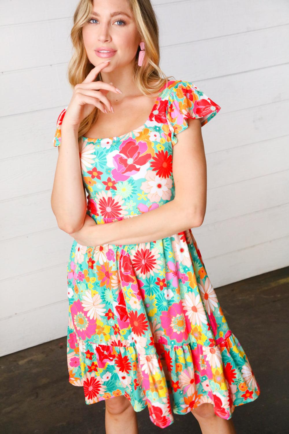 Sheen Of Spring Floral Square Neck Dress - Atomic Wildflower