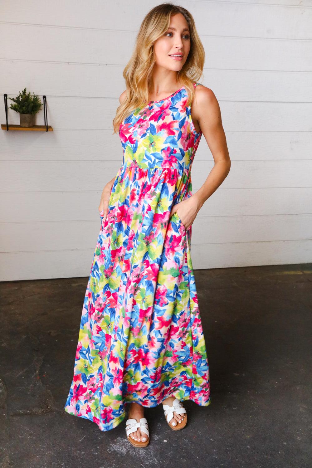 Wonderful Watercolor Sleeveless Maxi Dress - Atomic Wildflower