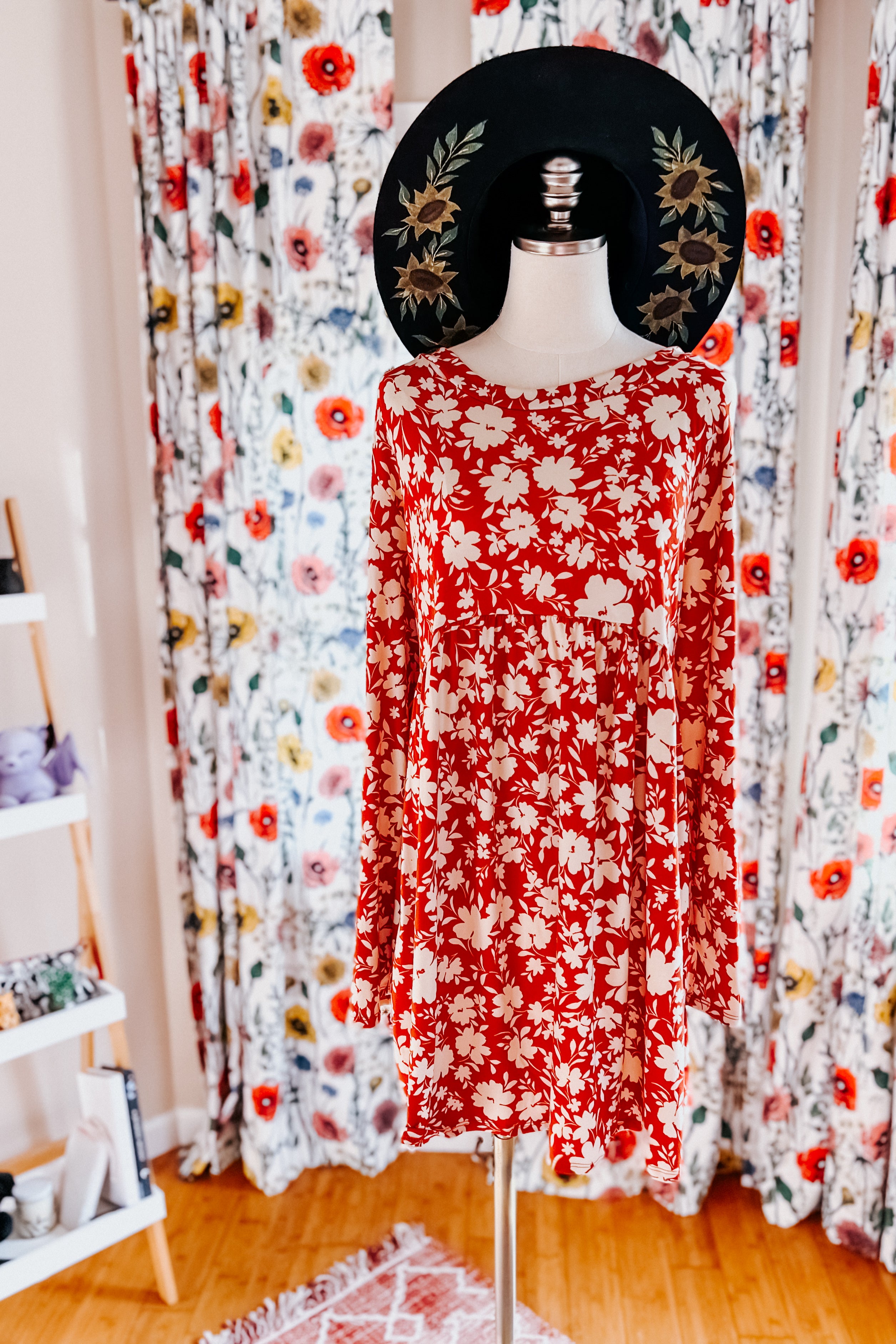 Just Be You Floral Long Sleeve Babydoll Dress • Rust
