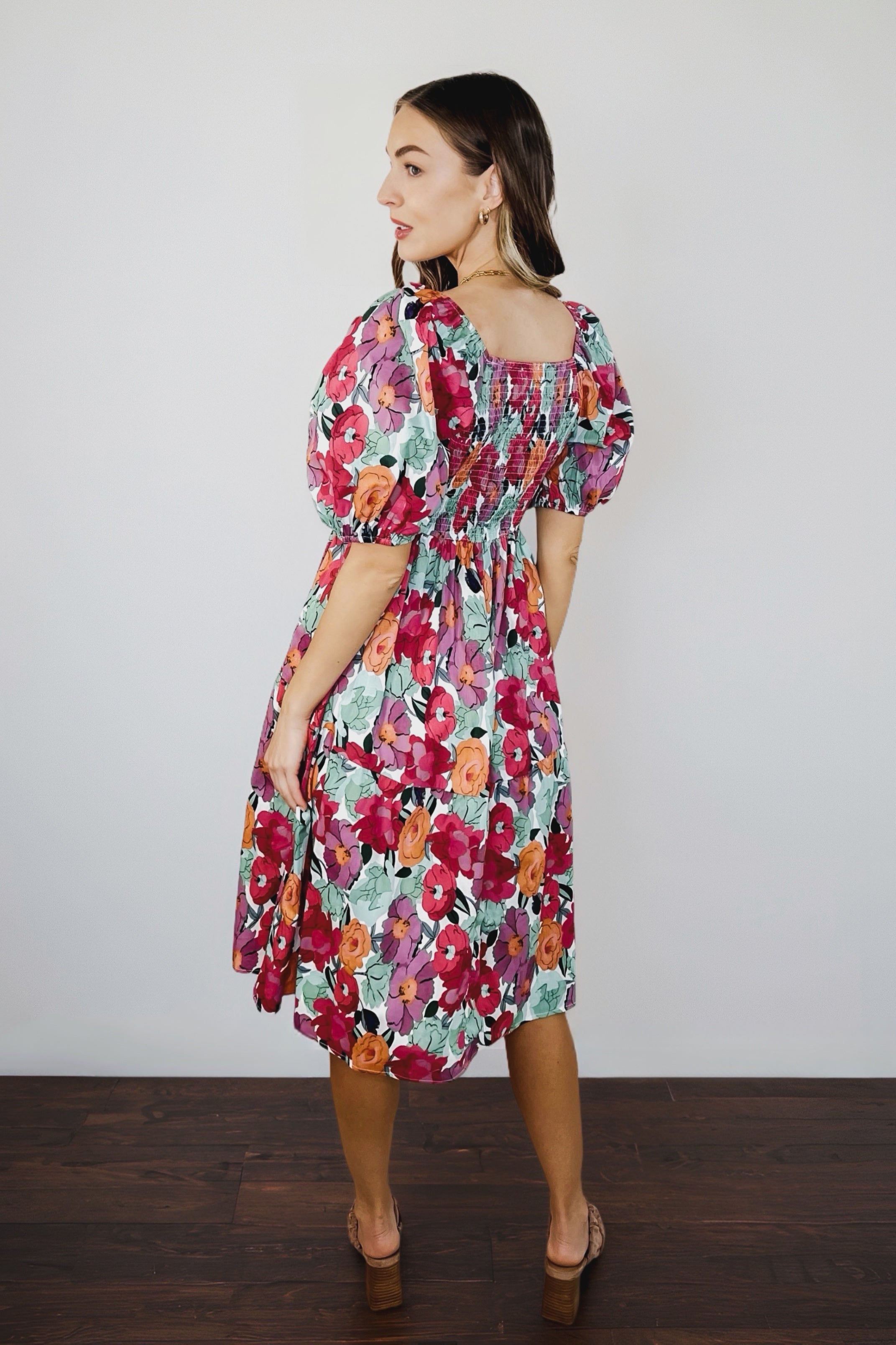 Dewdrop Blooms Puff Sleeve Floral Dress