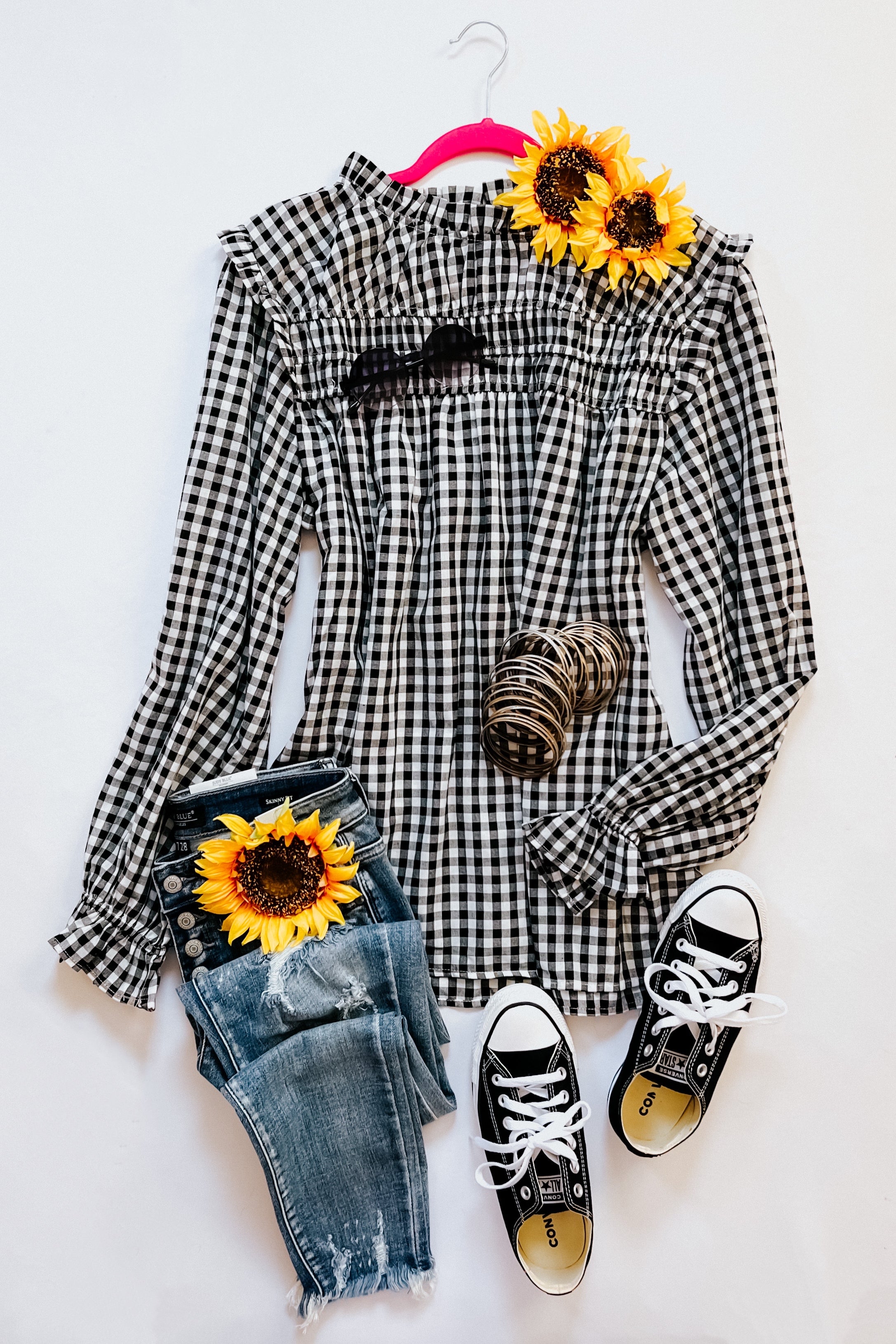 Adorable in Gingham Shirred Mock Neck Top • Black