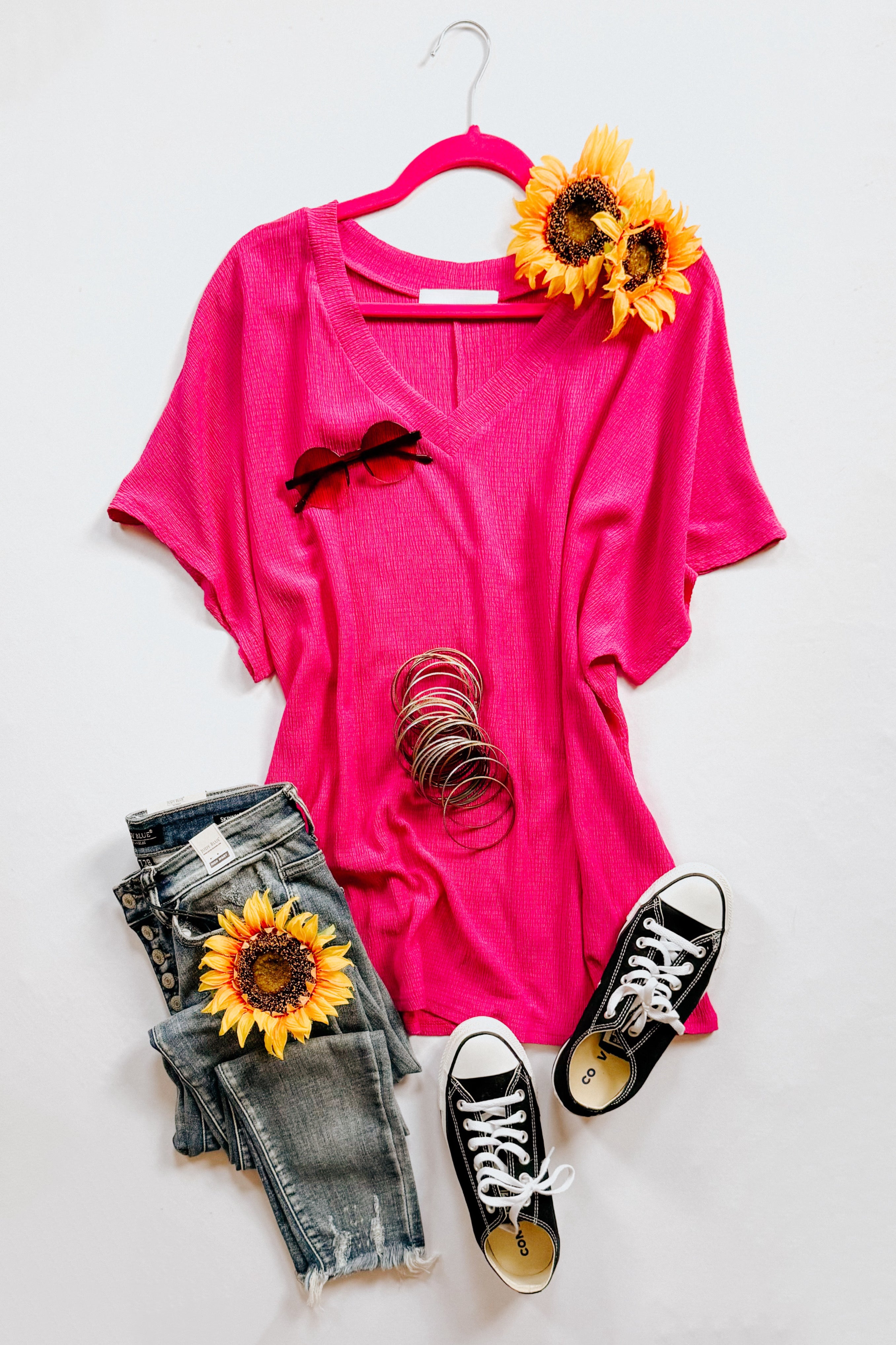 Trial and Error Textured V-Neck Blouse • Magenta