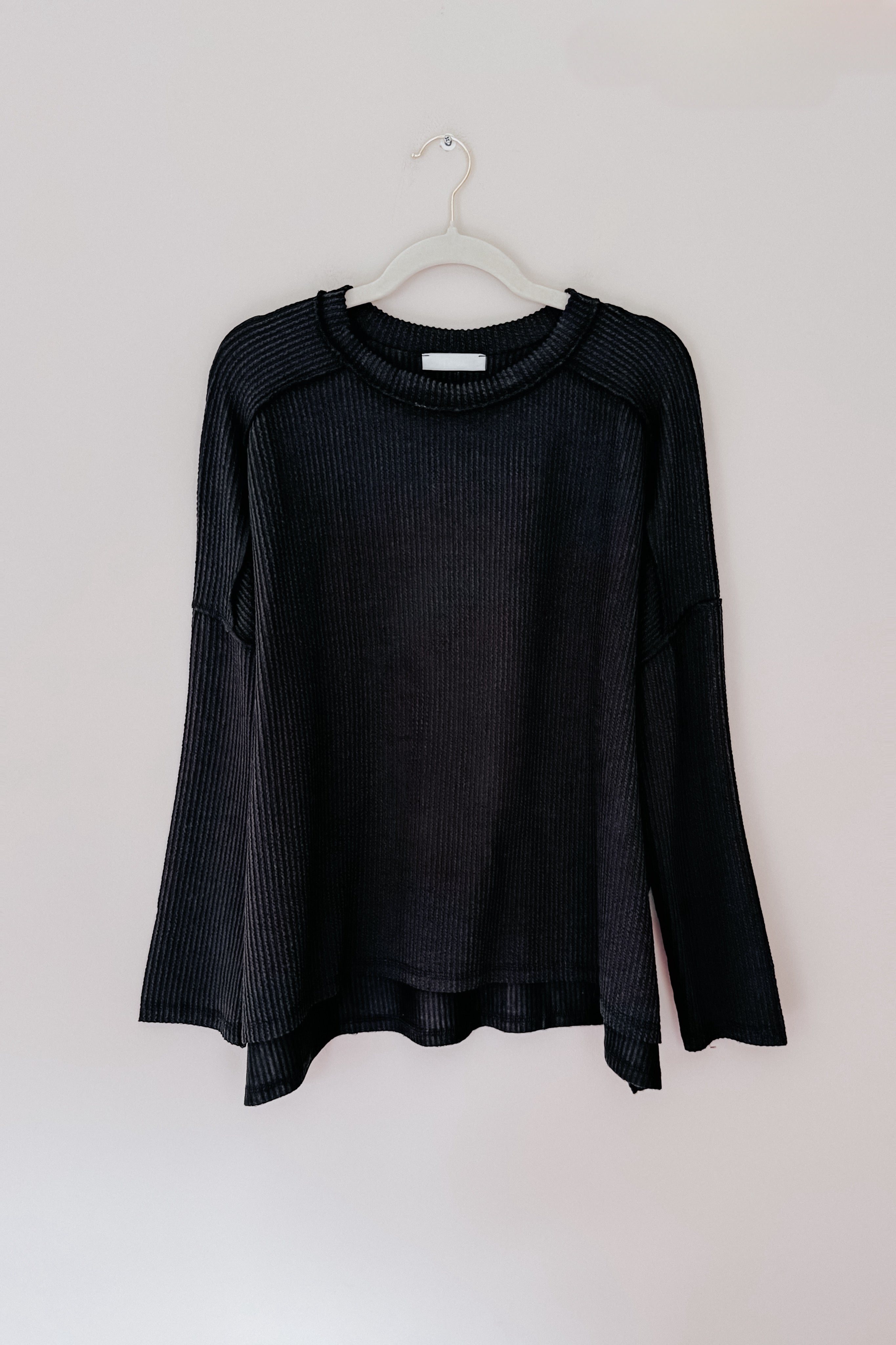 Wander & Rest Cable Ribbed Knit Drop Shoulder Top • Black