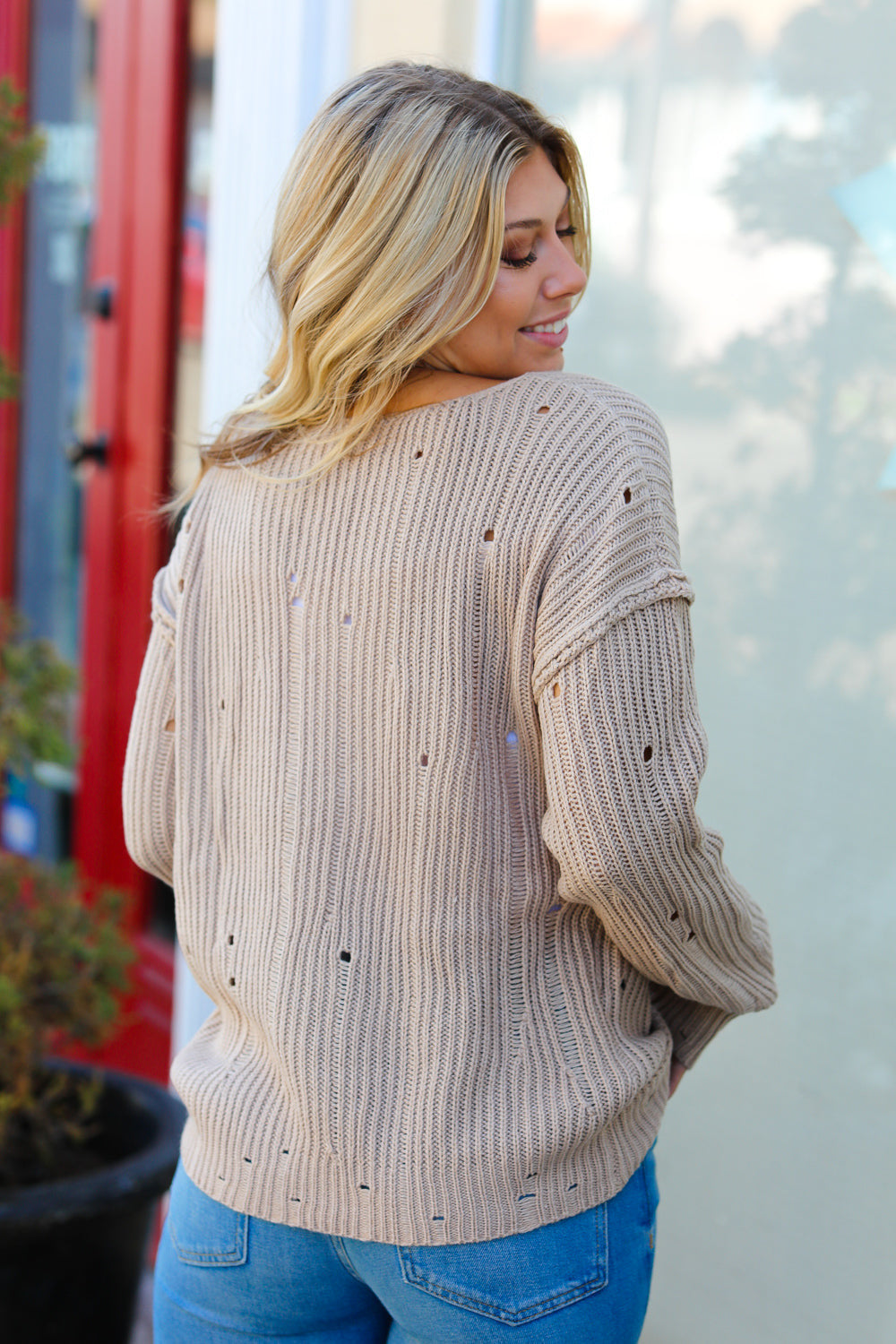 Comfy Day Distressed V Neck Sweater