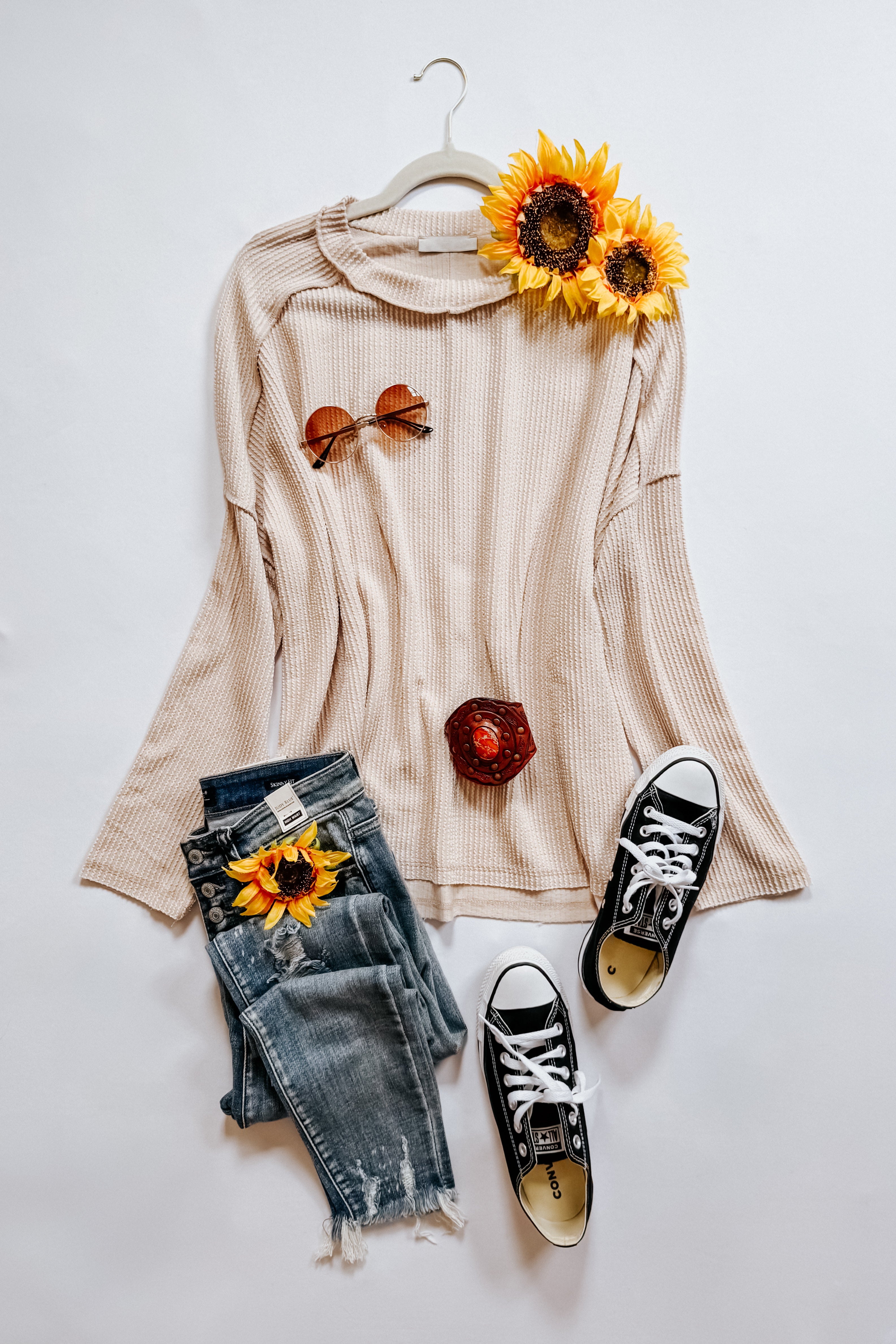 Wander & Rest Cable Ribbed Knit Drop Shoulder Top • Sand Beige