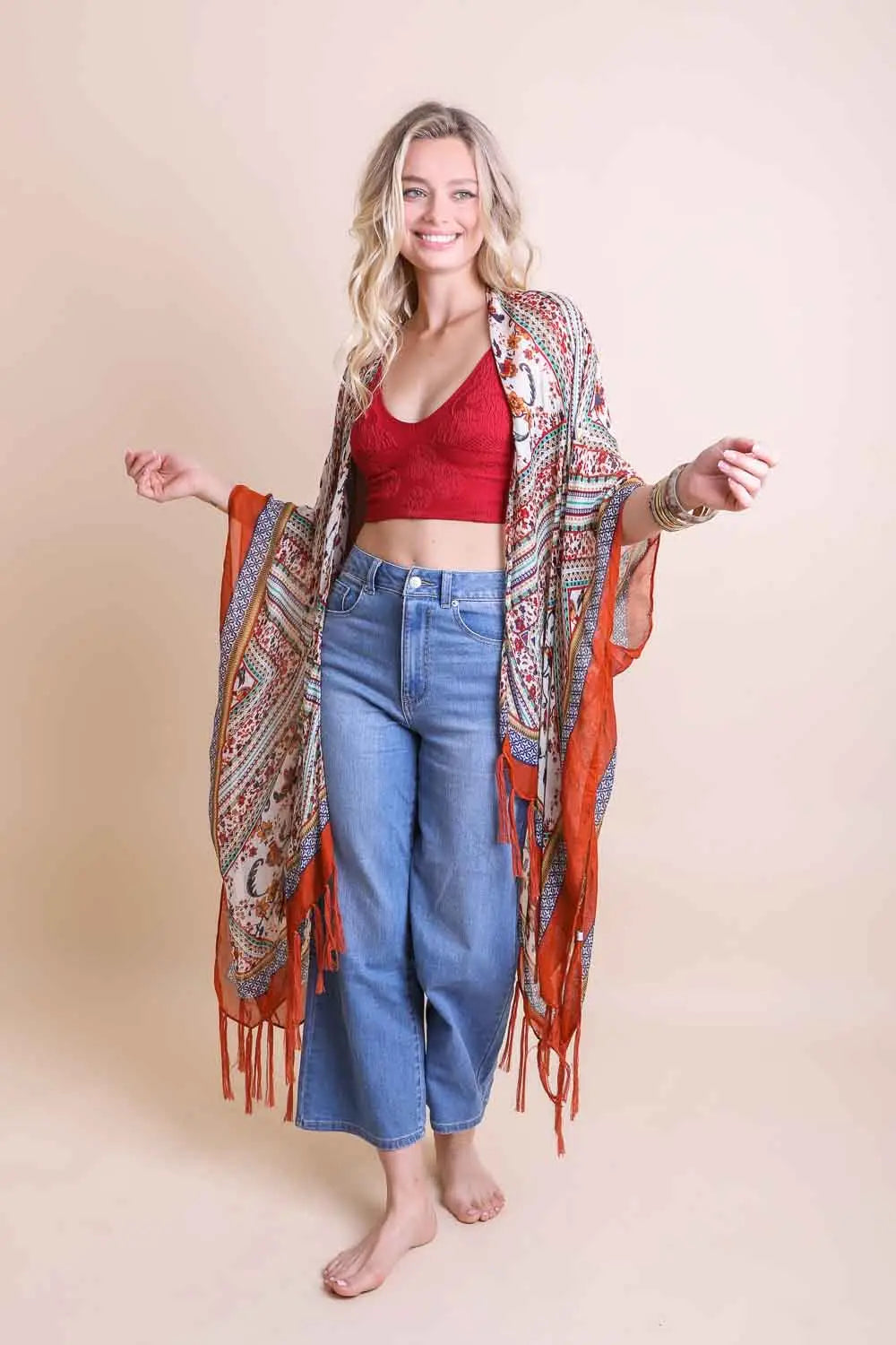 Delia Bohemian Diamond Tassel Kimono • Rust - Atomic Wildflower