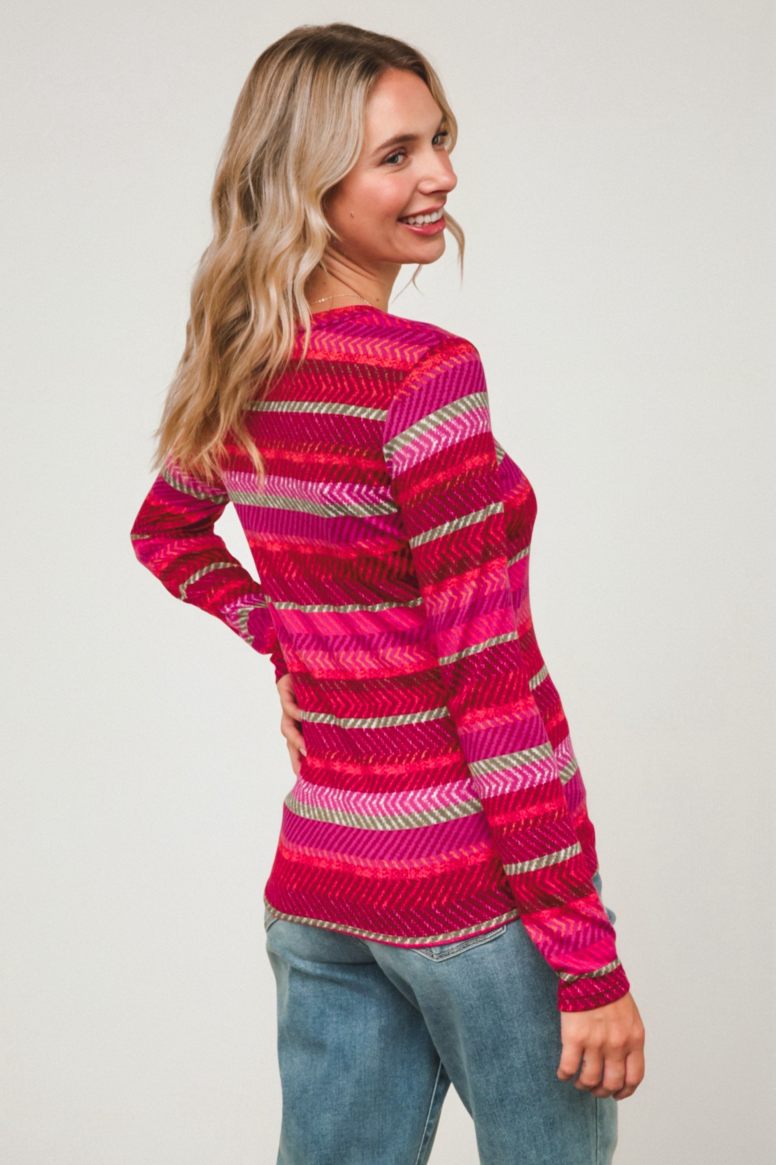 Keep Me Guessing Herringbone Long Sleeve • Magenta
