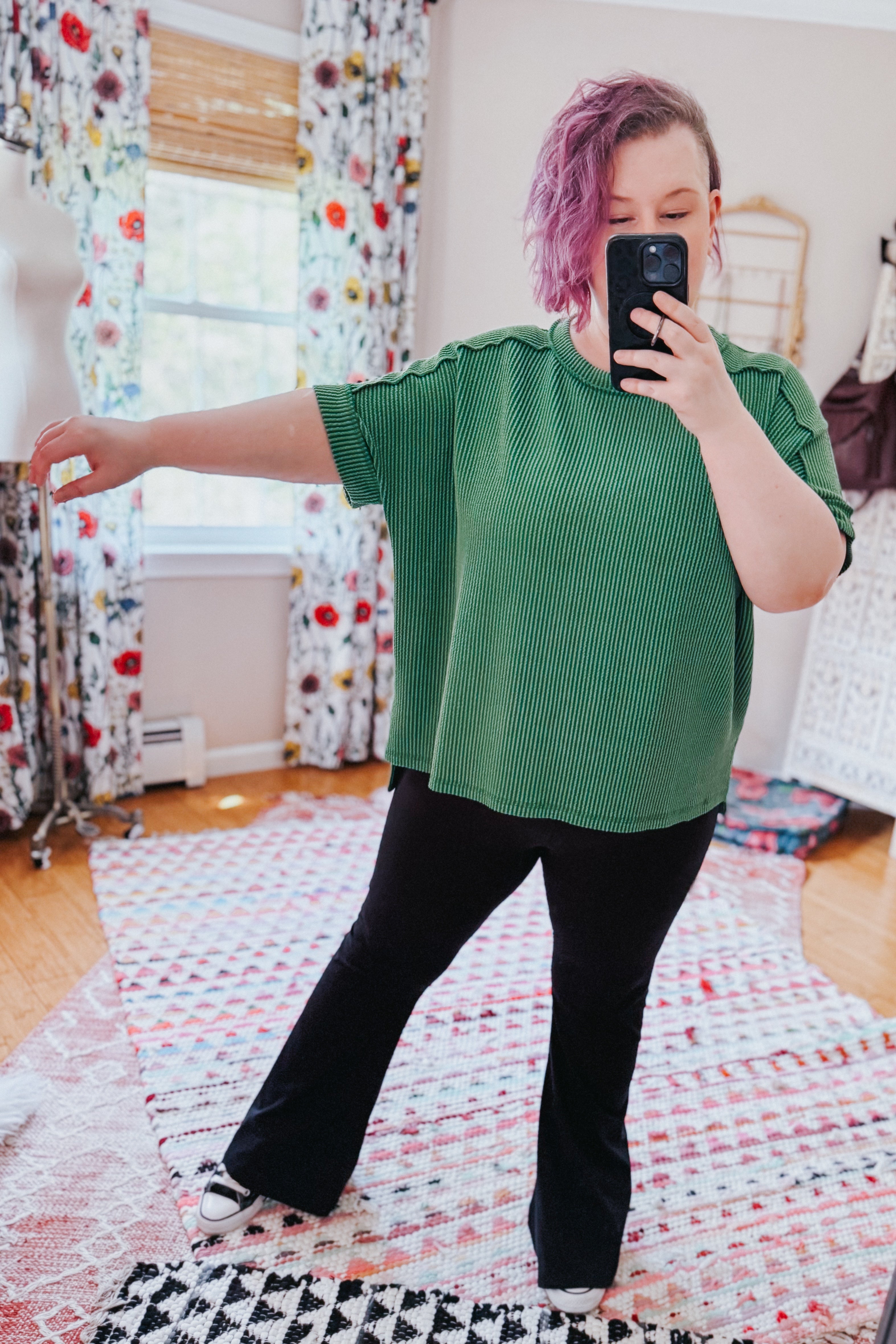 Catch Me Loungin’ Cable Ribbed Knit Top • Dark Green