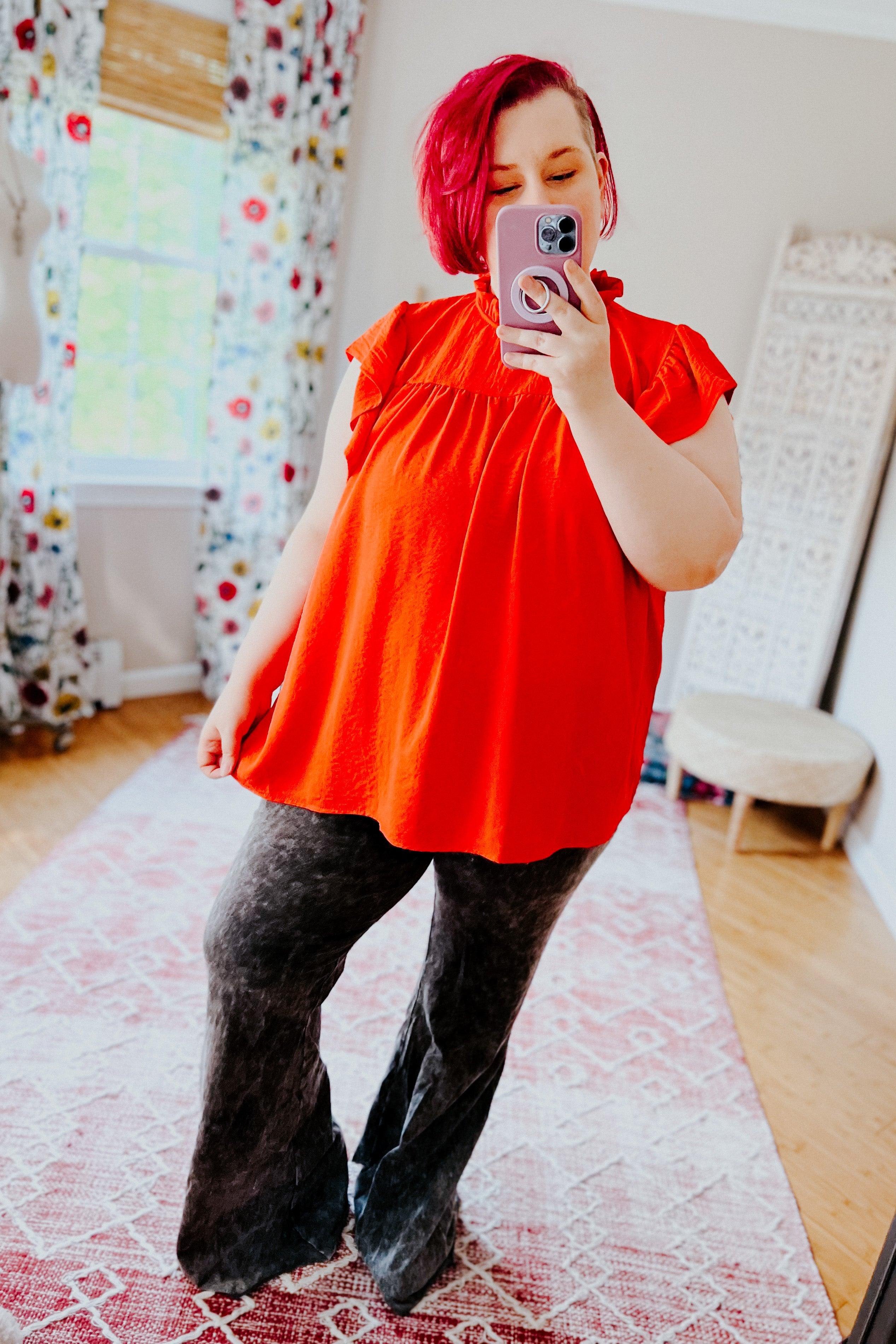 Morning Sun Mock Neck Flutter Sleeve Top - Atomic Wildflower