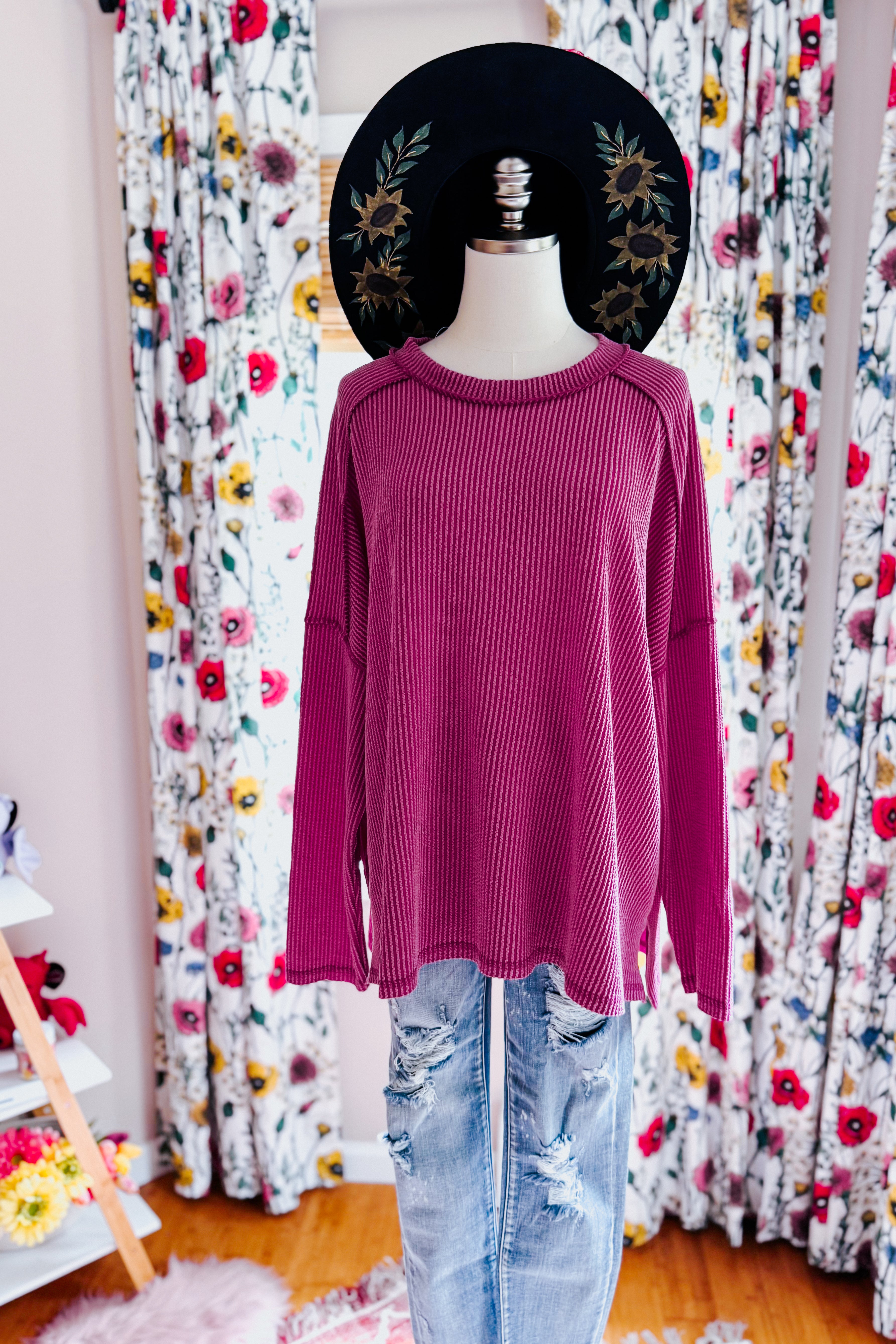 Wander & Rest Cable Ribbed Knit Drop Shoulder Top • Plum