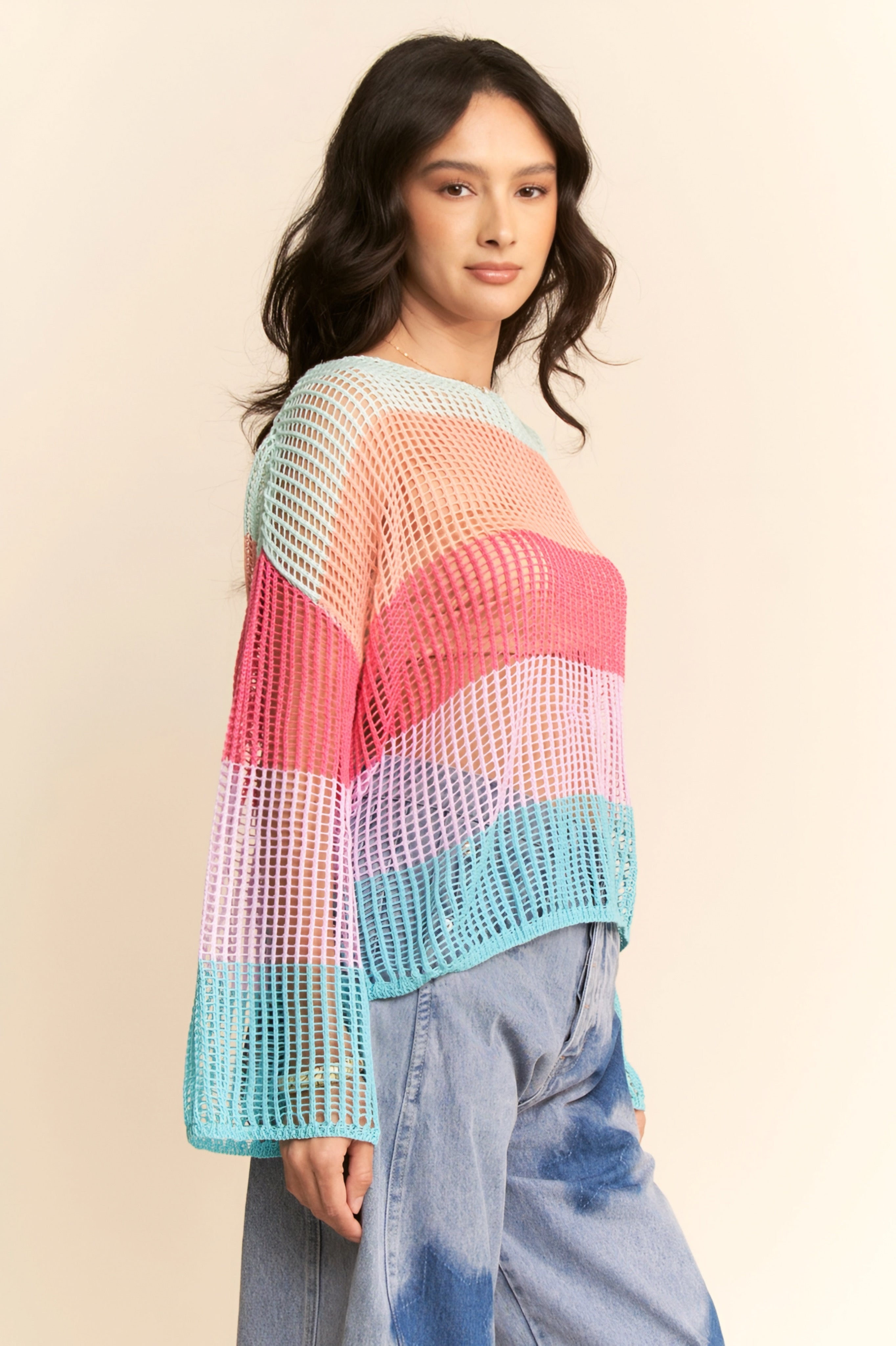 Friend Of A Friend Striped Bell Sleeve Crochet Mesh Pullover