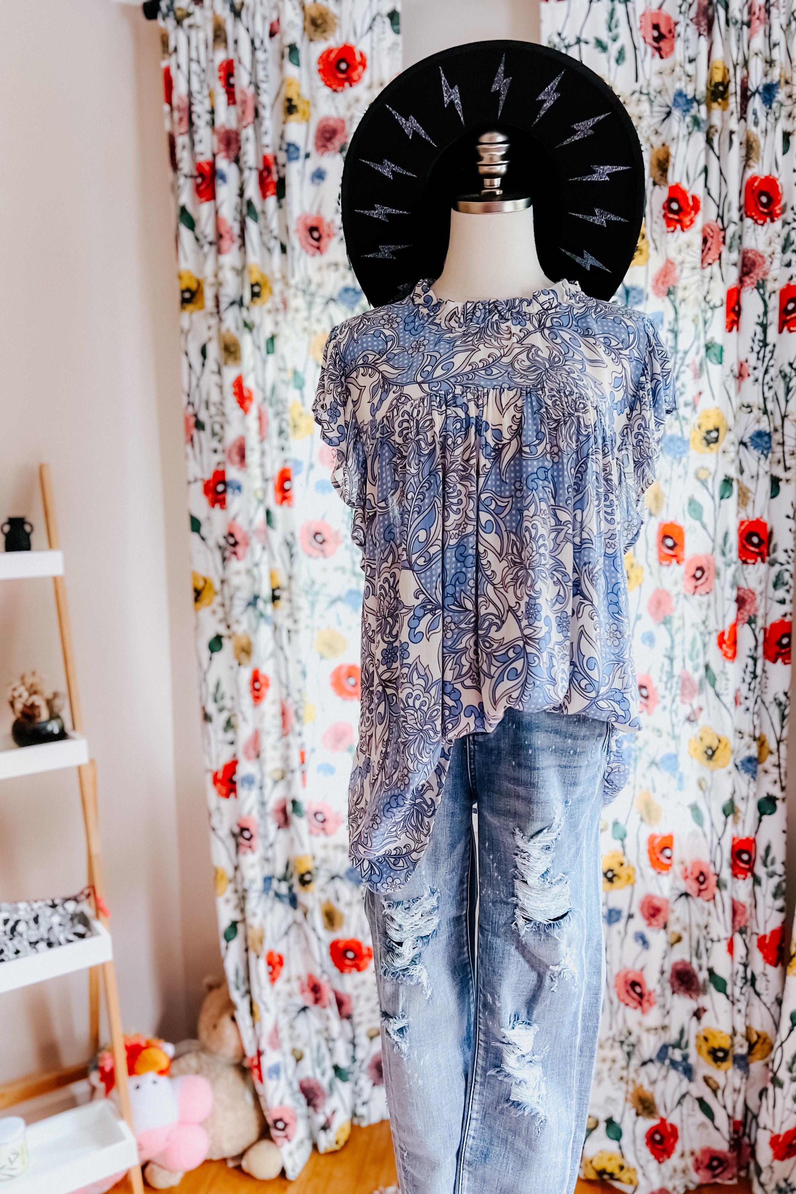 Maggie Paisley Mock Neck Flutter Sleeve Top - Atomic Wildflower