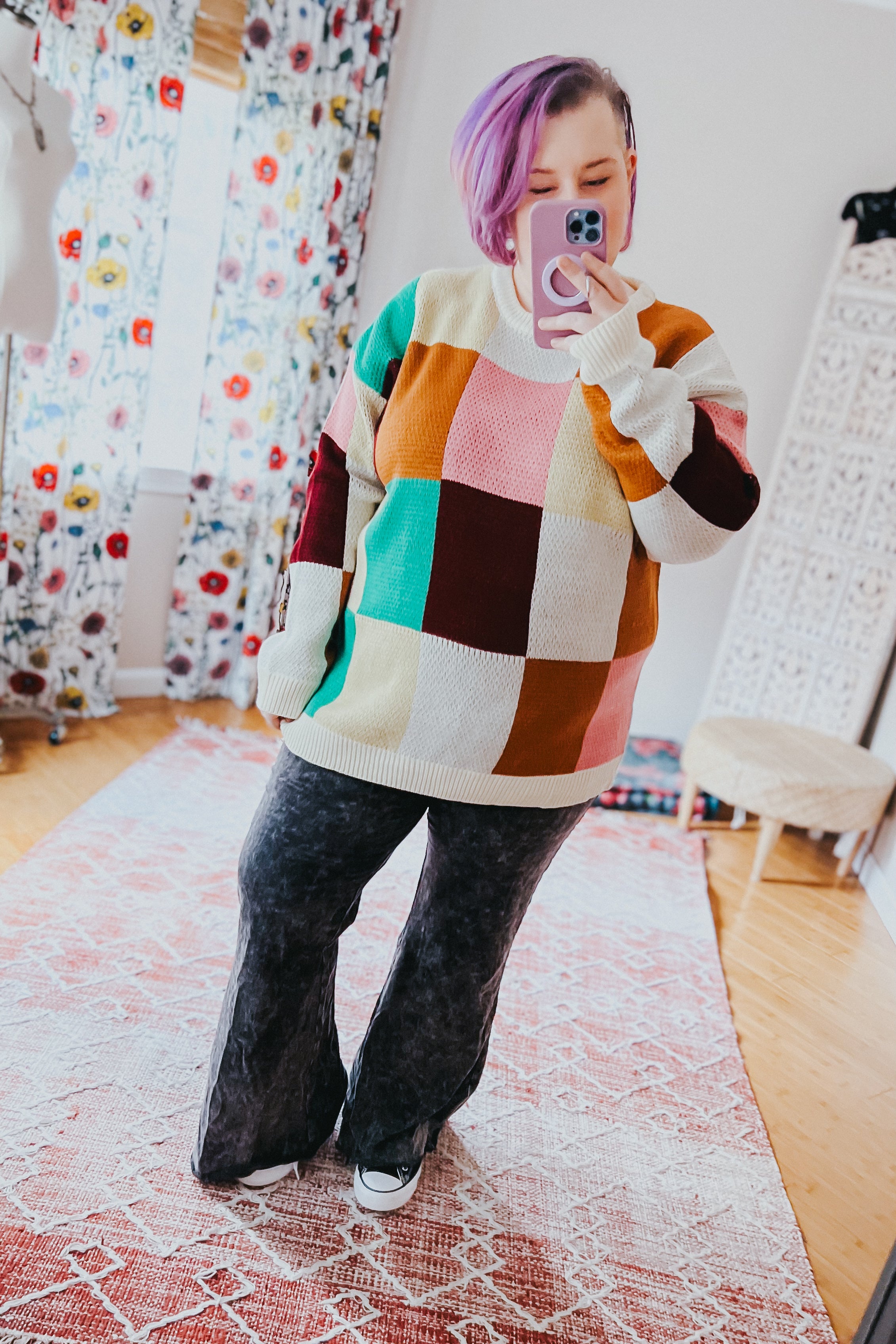 Adorable In Checker Jacquard Knit Sweater
