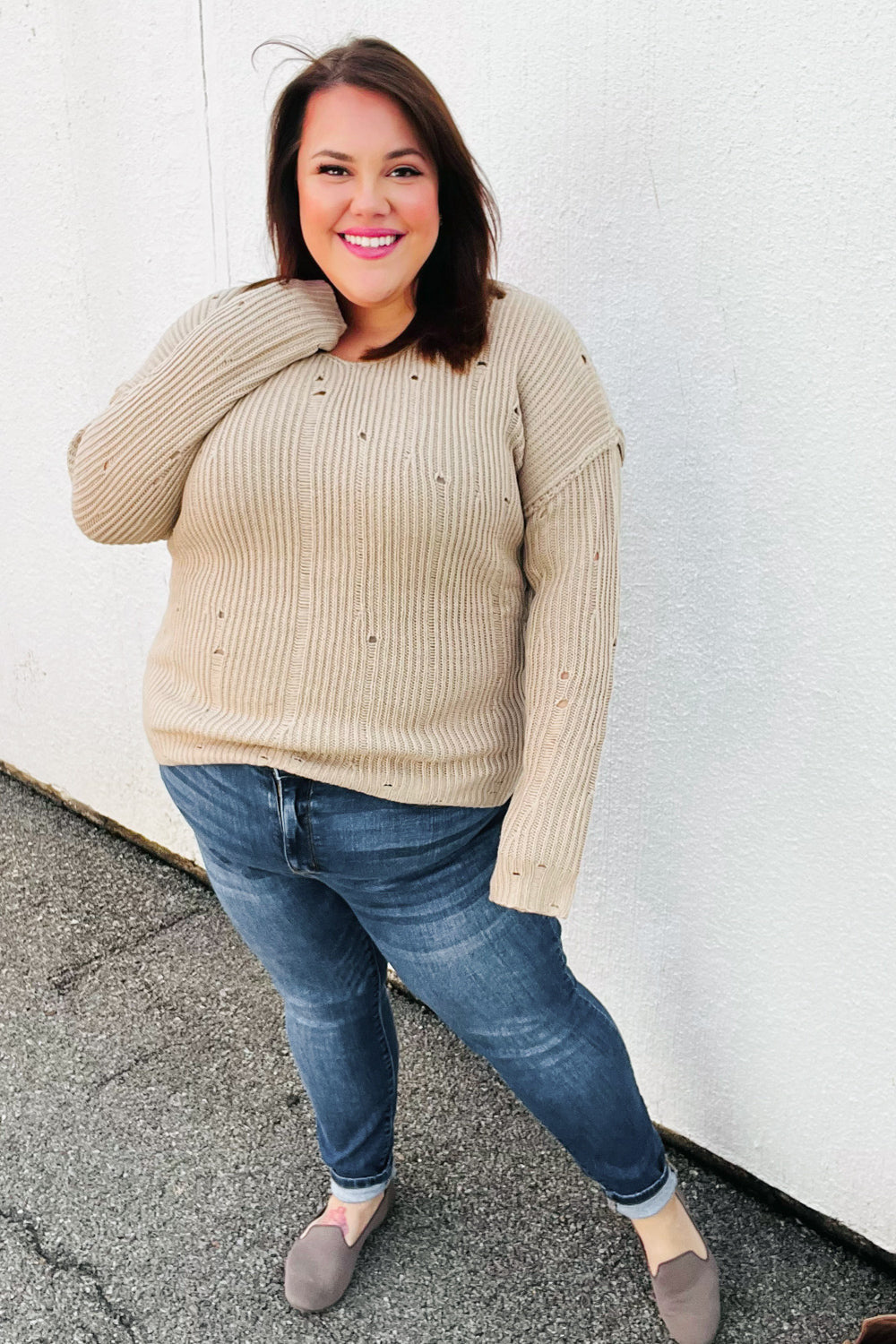 Comfy Day Distressed V Neck Sweater