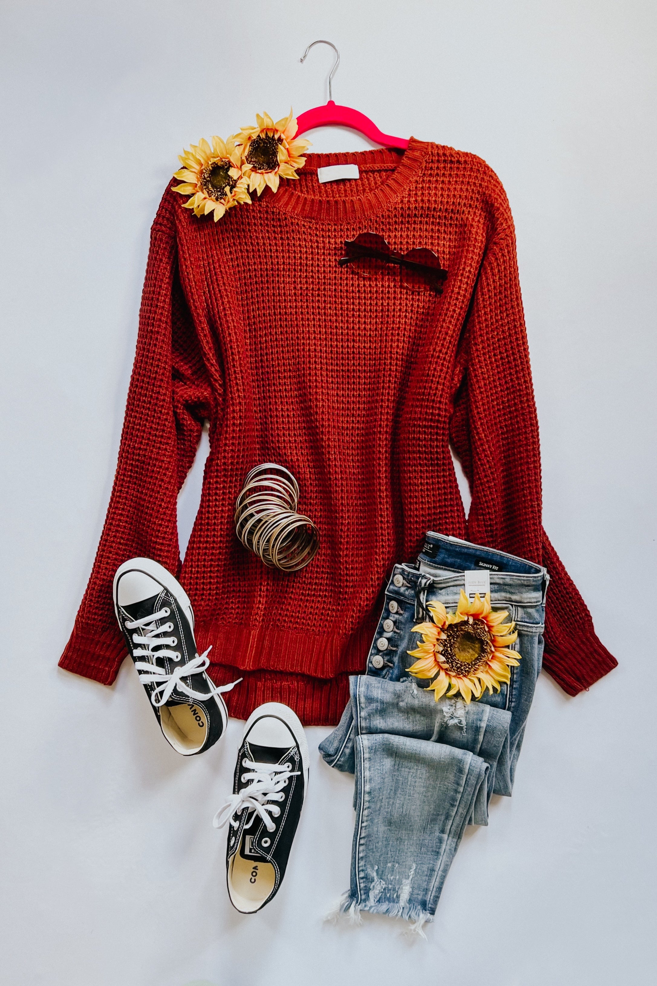 All Put Together Waffle Knit Hi-Low Sweater • Dark Rust