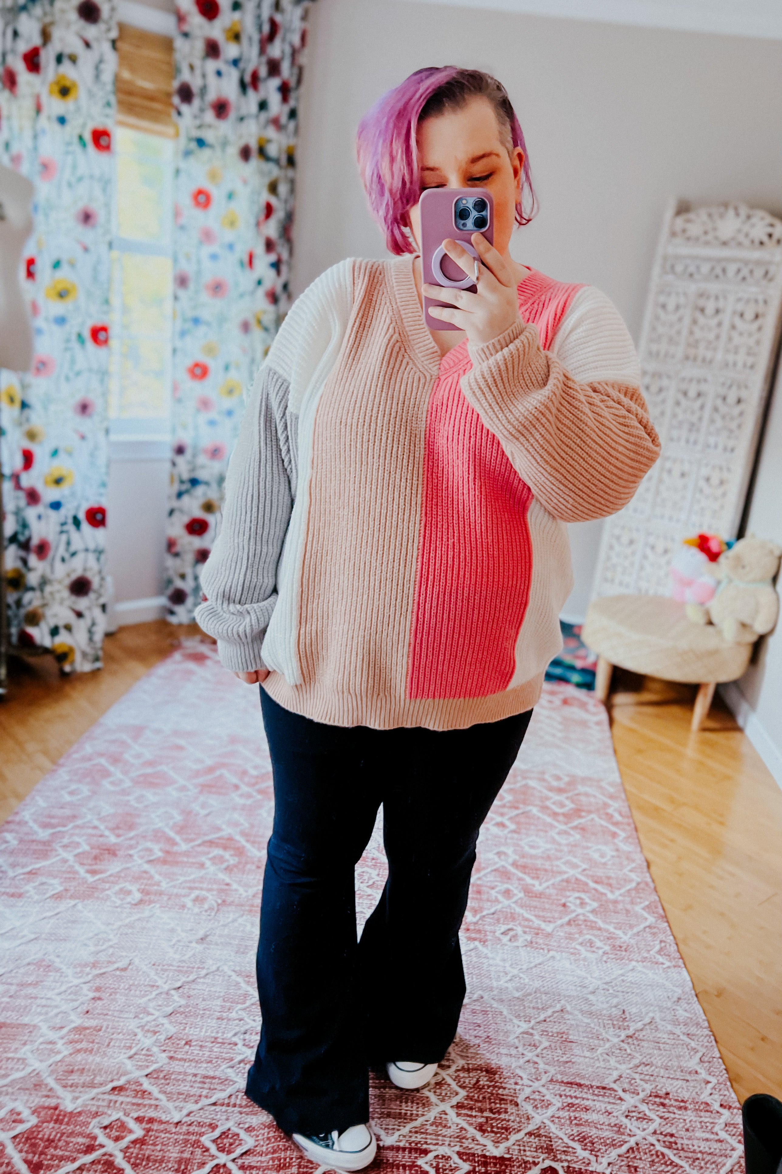 Always Mine V Neck Color Block Sweater Top
