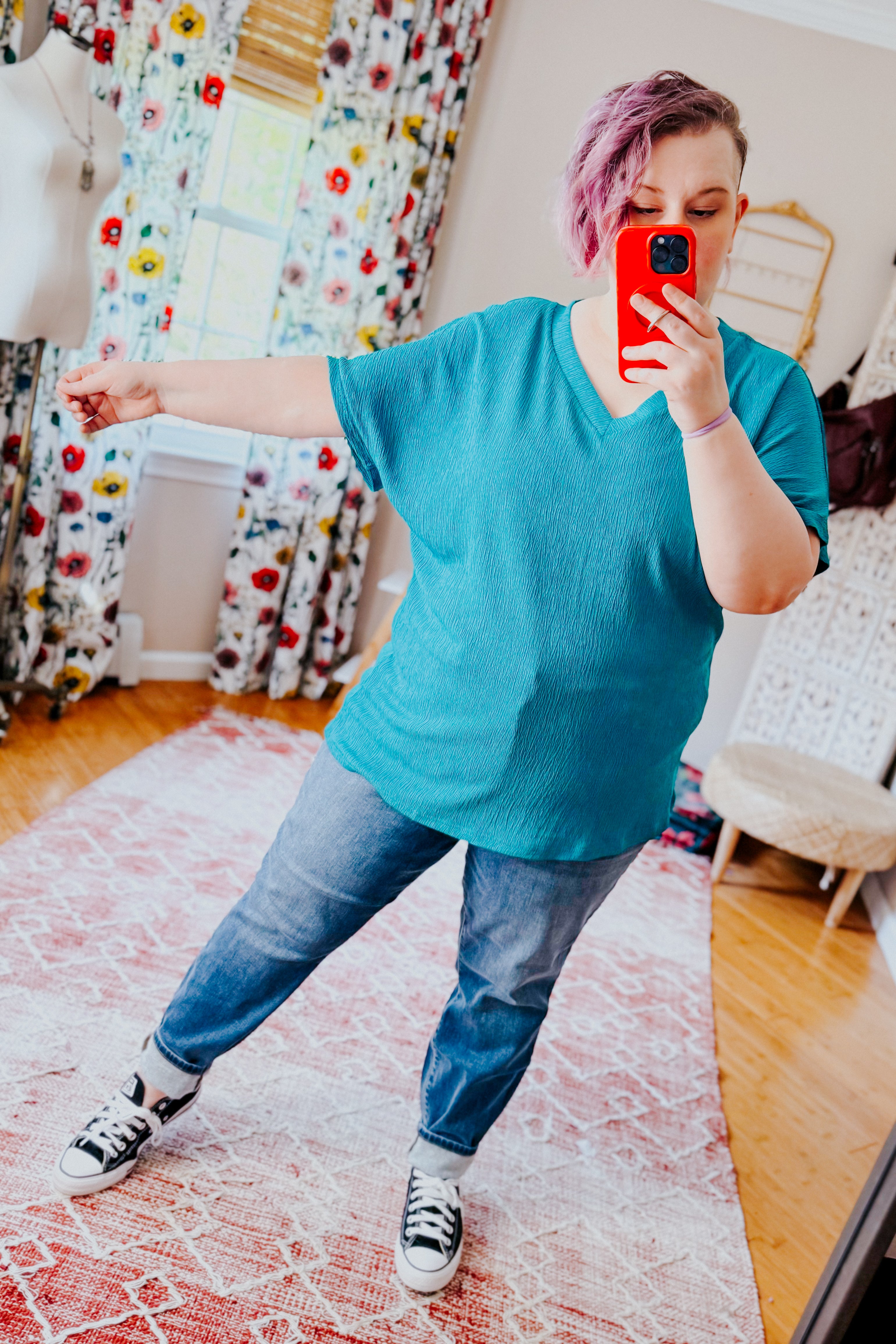 Trial and Error Textured V-Neck Blouse • Teal