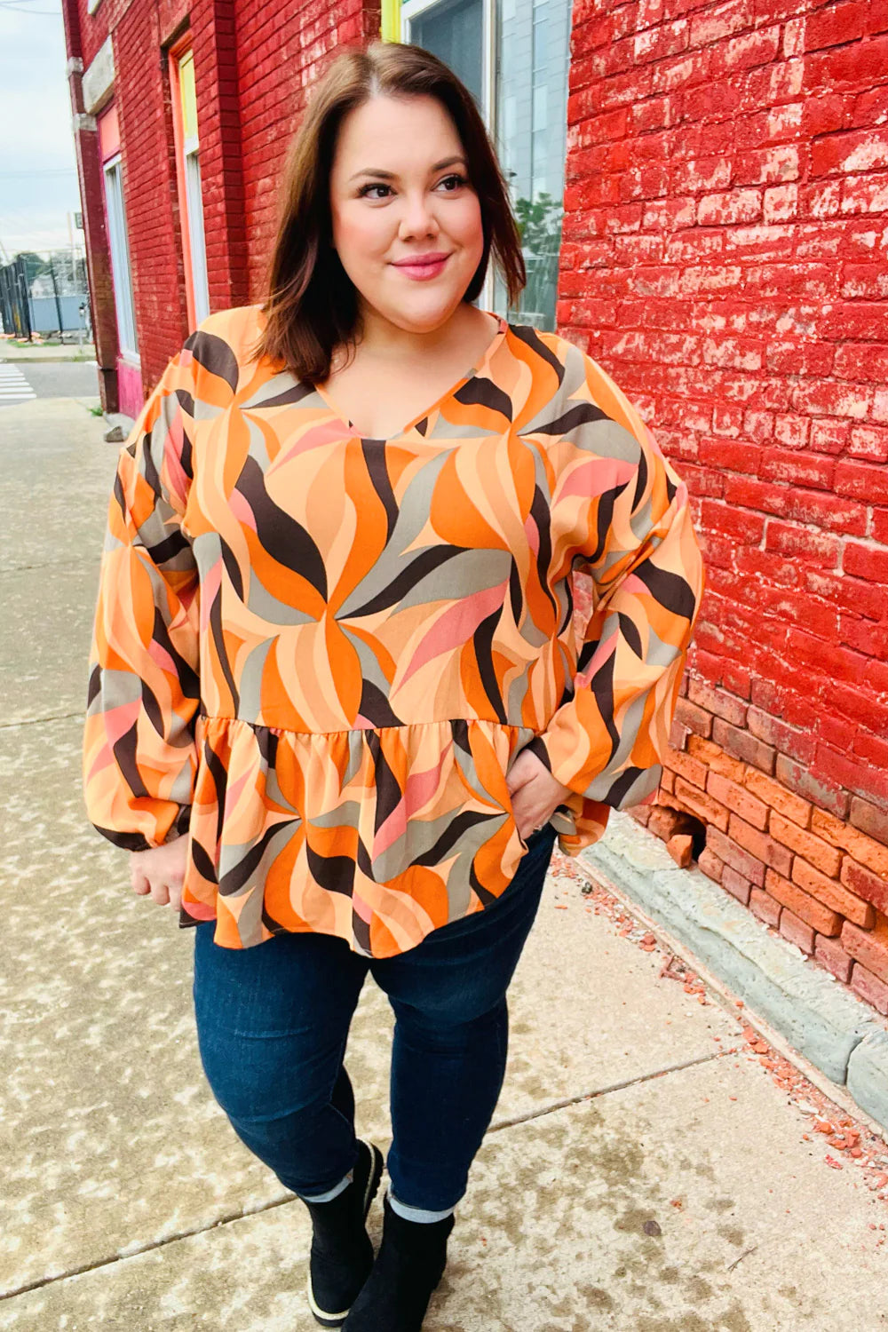 In My Thoughts Abstract V Neck Peplum Top