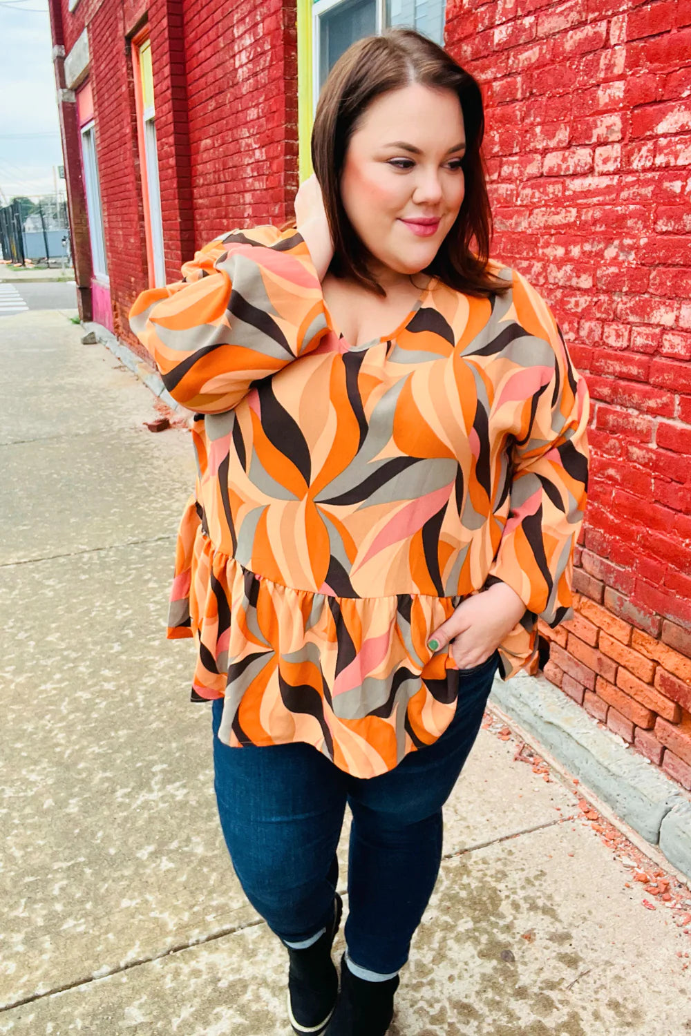 In My Thoughts Abstract V Neck Peplum Top
