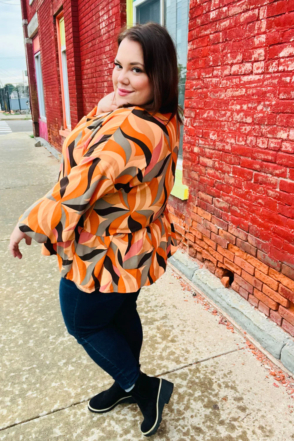 In My Thoughts Abstract V Neck Peplum Top