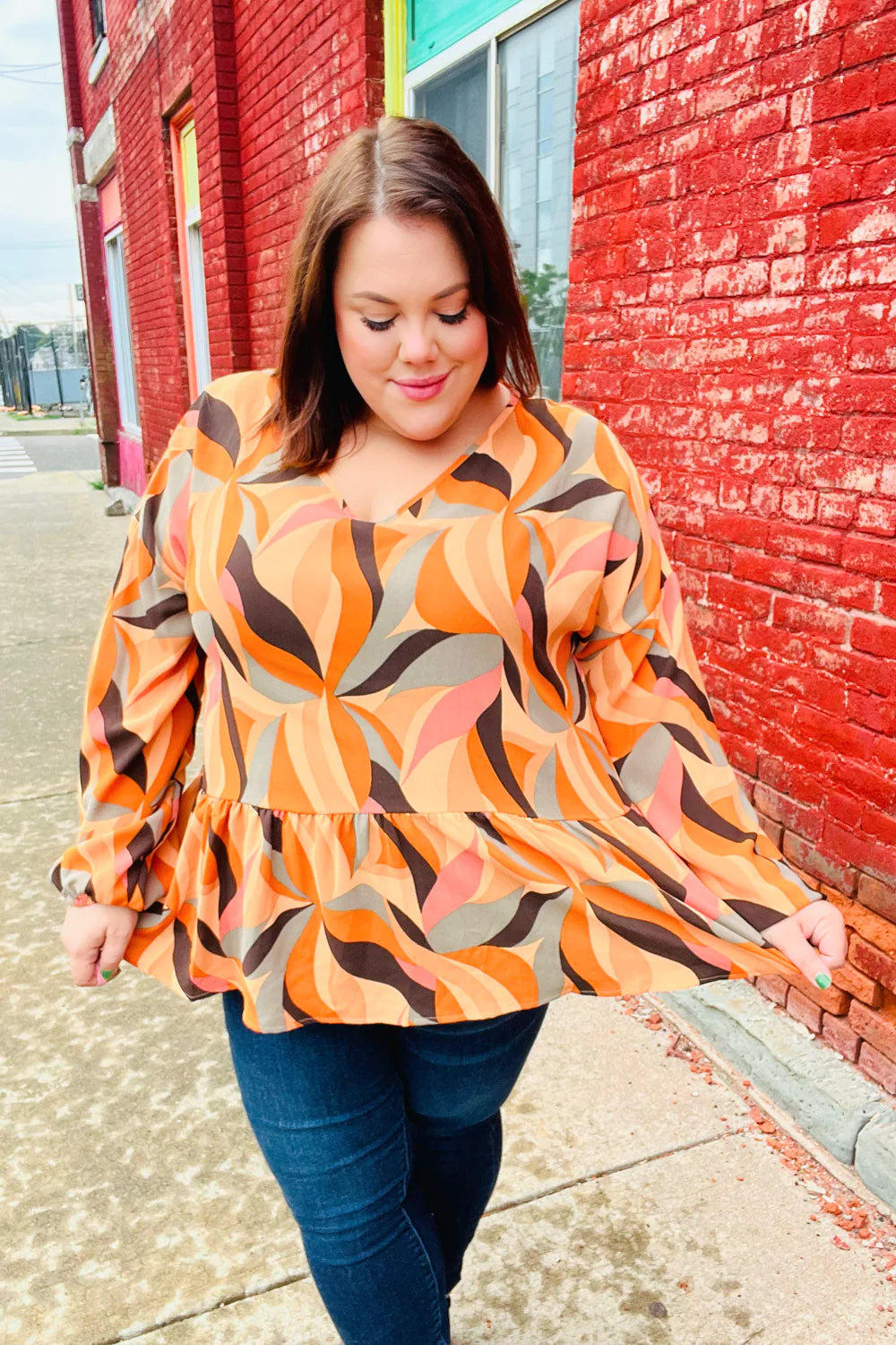 In My Thoughts Abstract V Neck Peplum Top