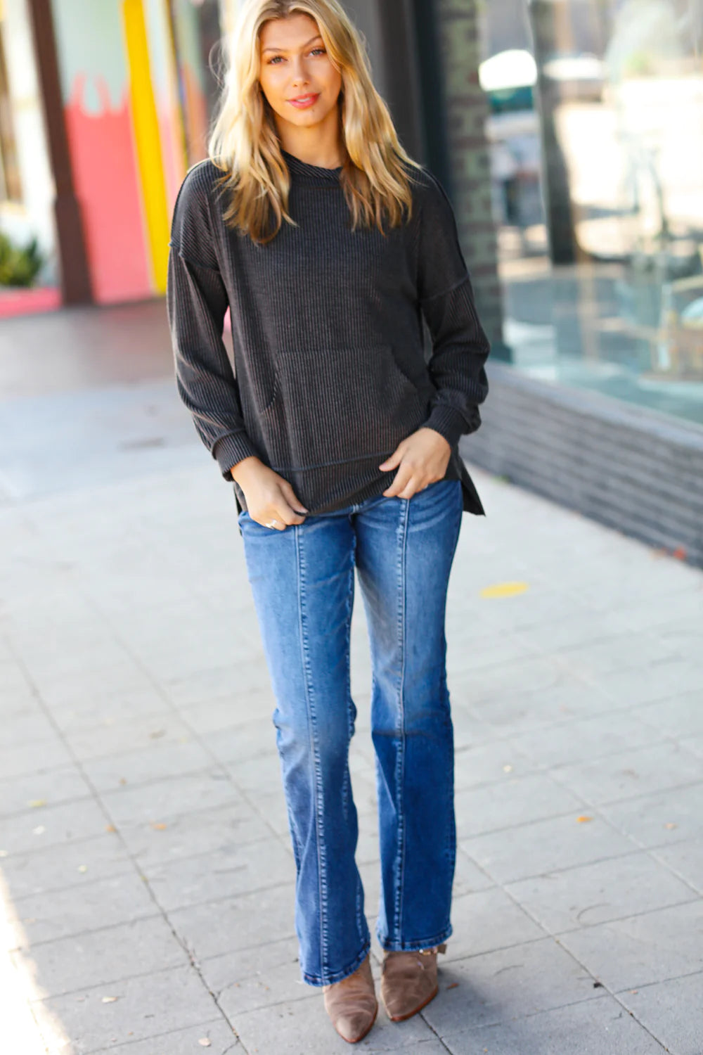 Cozy Up Mineral Wash Rib Knit Hoodie • Charcoal