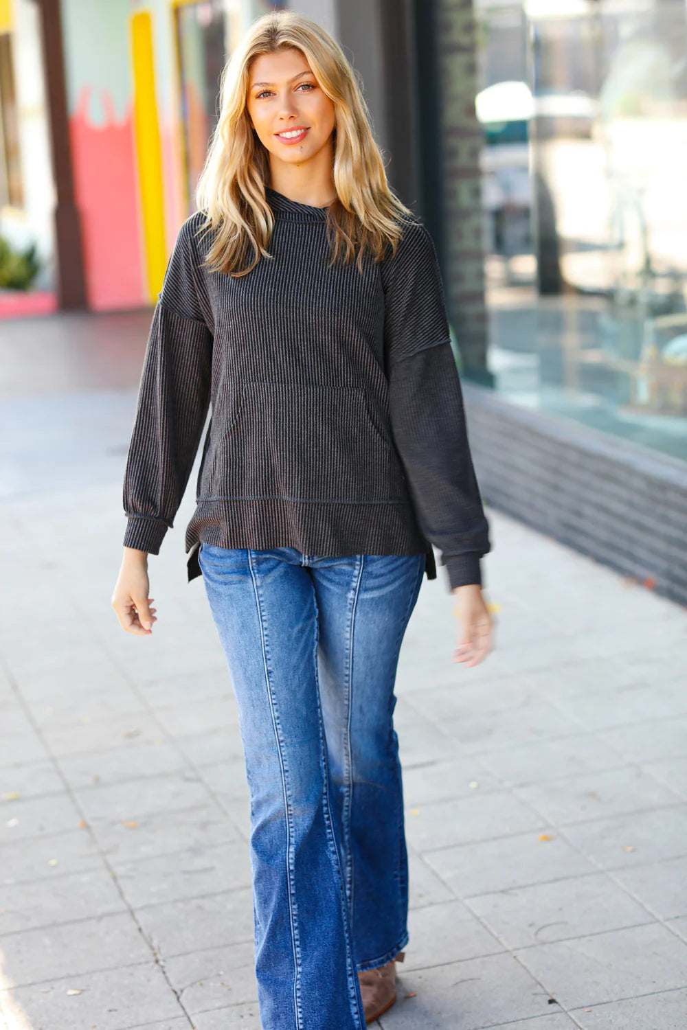 Cozy Up Mineral Wash Rib Knit Hoodie • Charcoal
