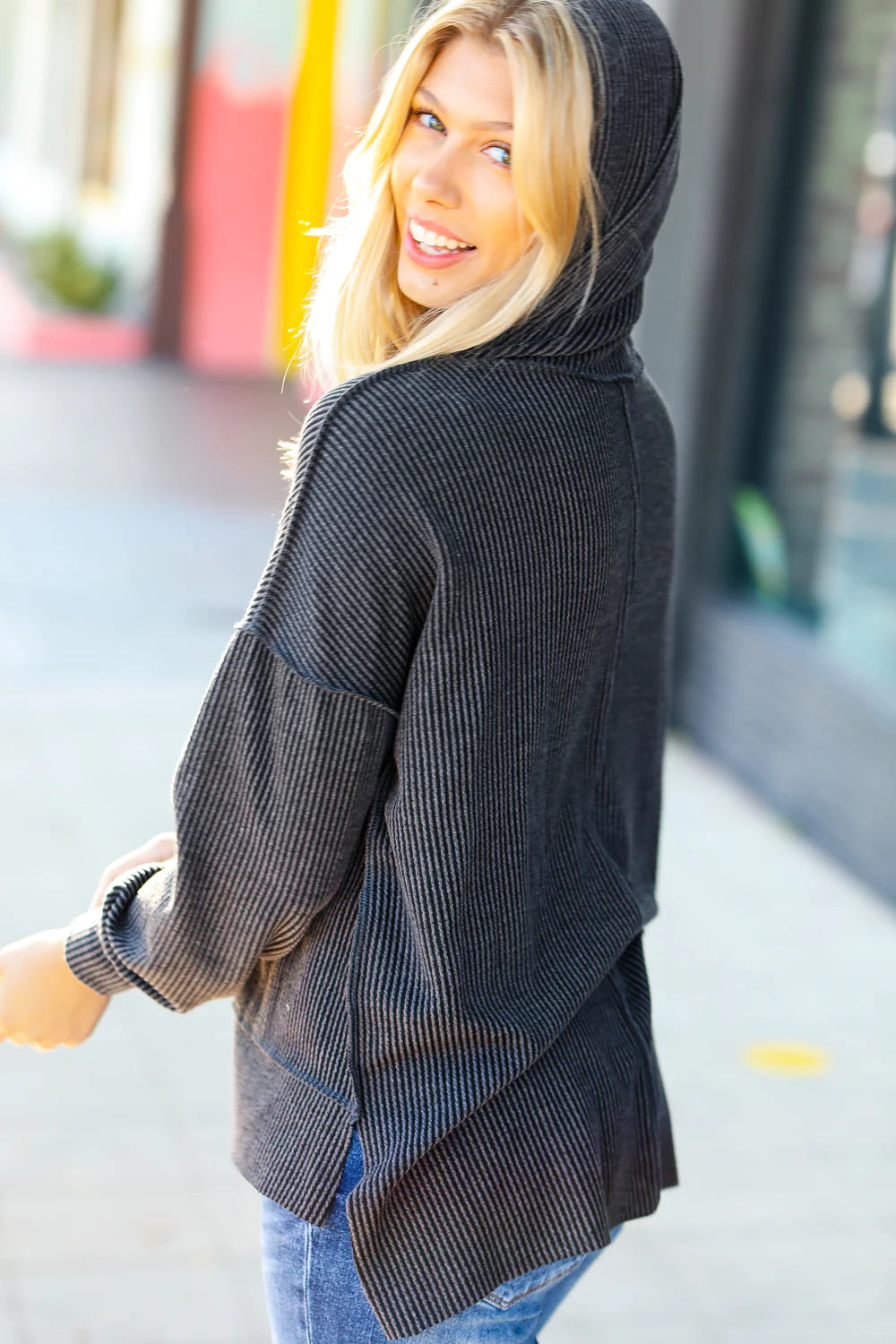 Cozy Up Mineral Wash Rib Knit Hoodie • Charcoal