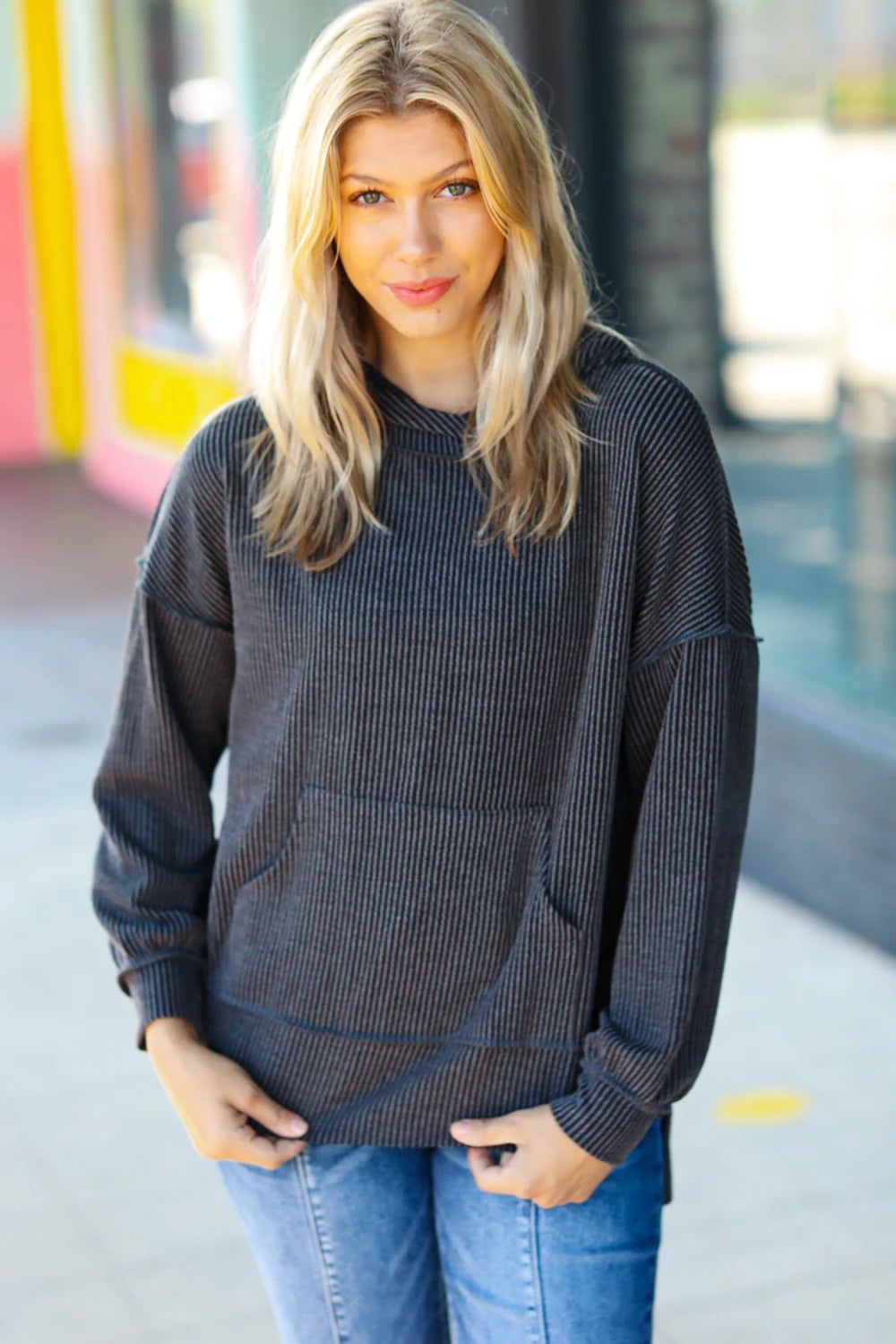 Cozy Up Mineral Wash Rib Knit Hoodie • Charcoal
