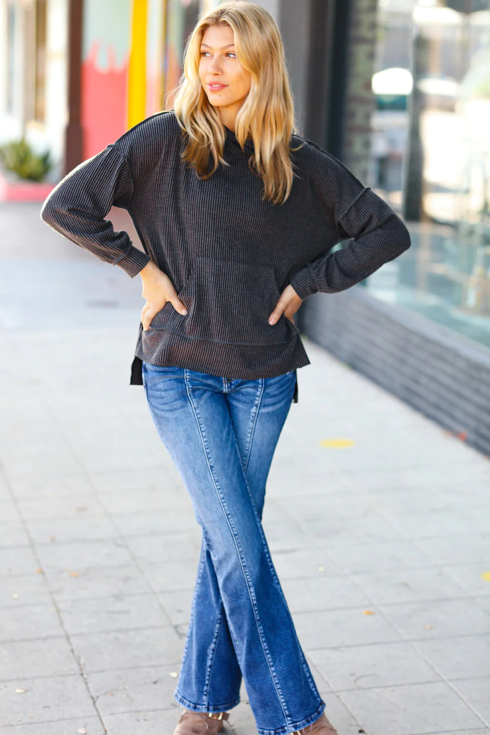 Cozy Up Mineral Wash Rib Knit Hoodie • Charcoal