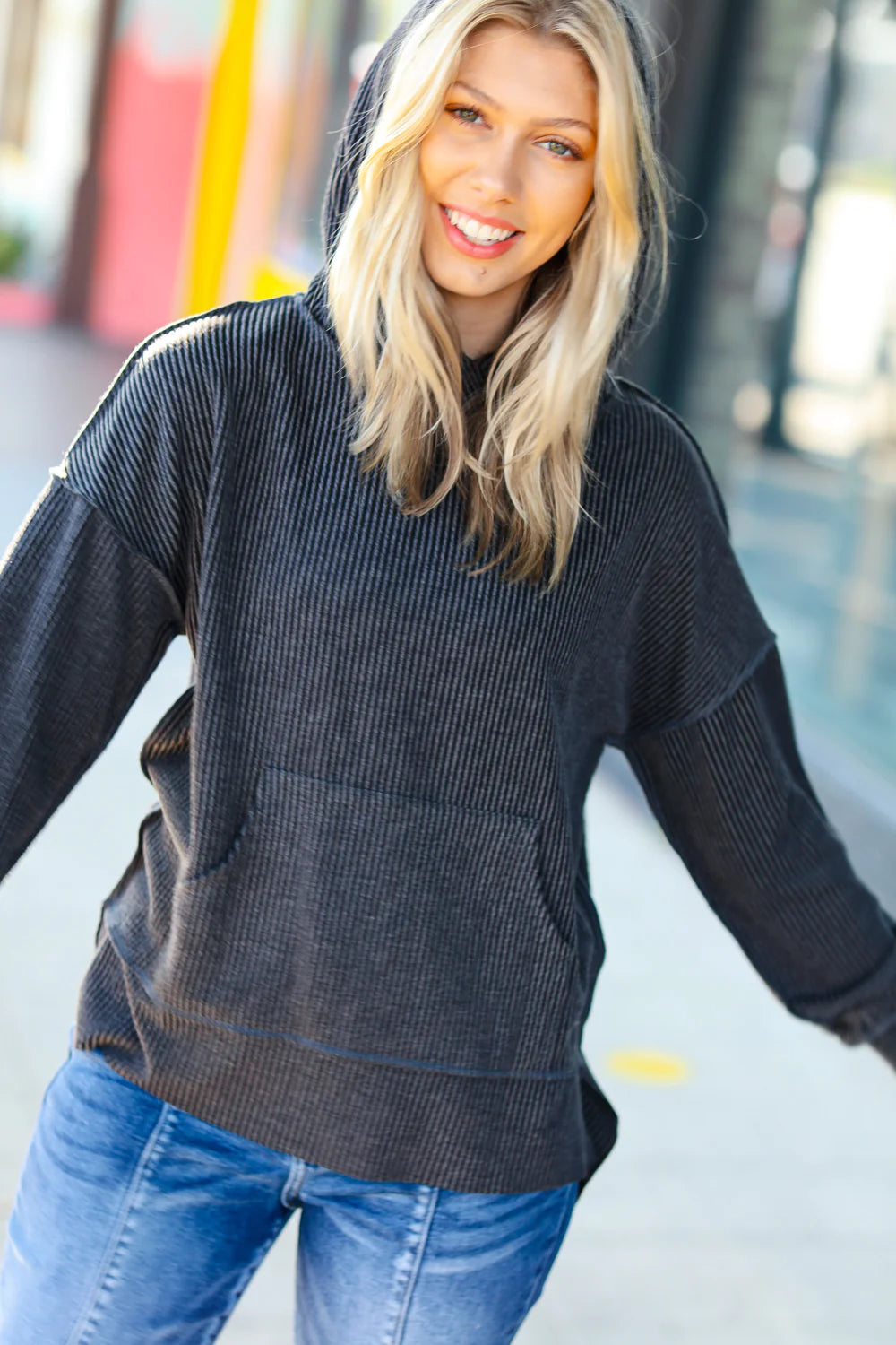 Cozy Up Mineral Wash Rib Knit Hoodie • Charcoal