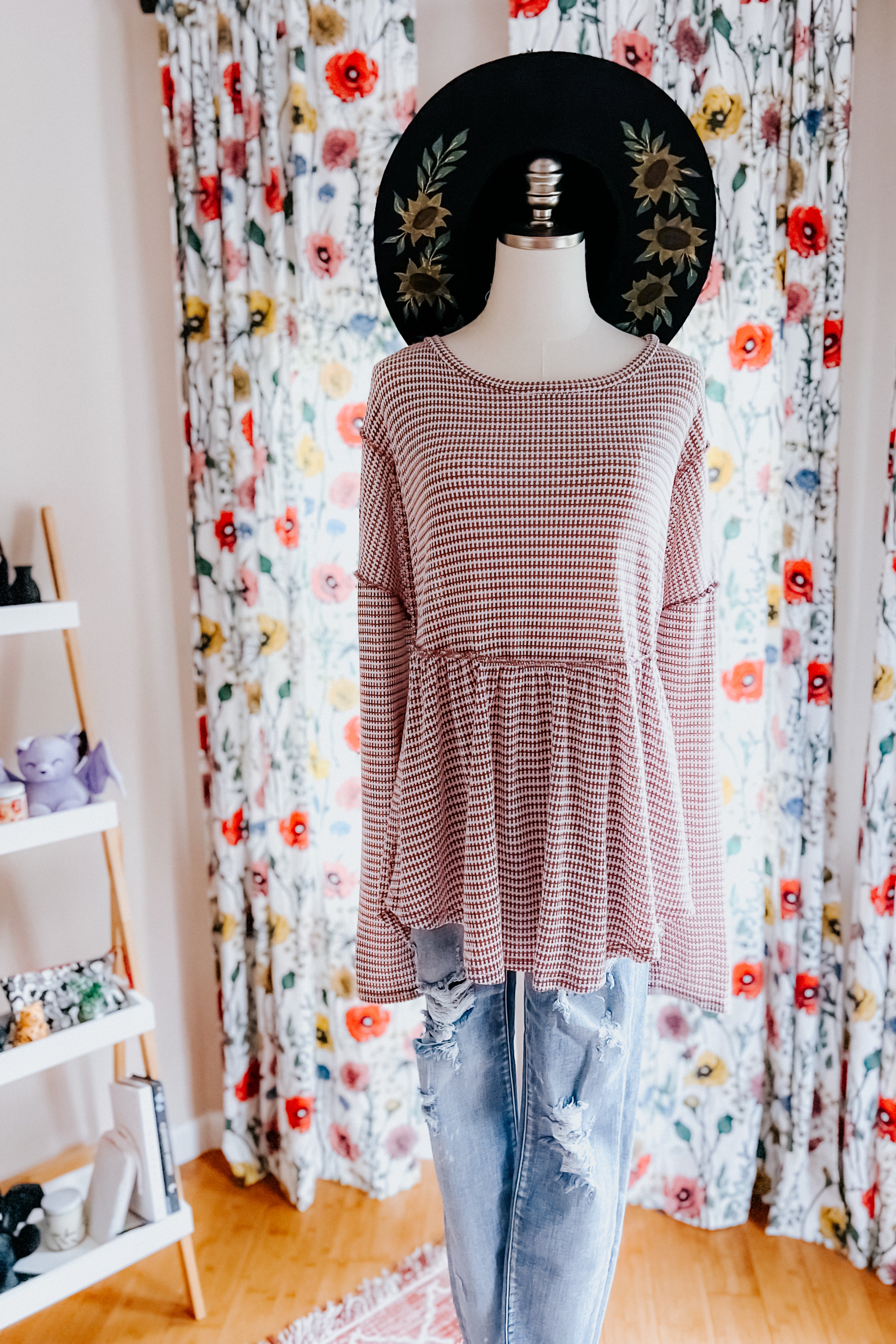 Fall Days Two Tone Jacquard Knit Babydoll Top