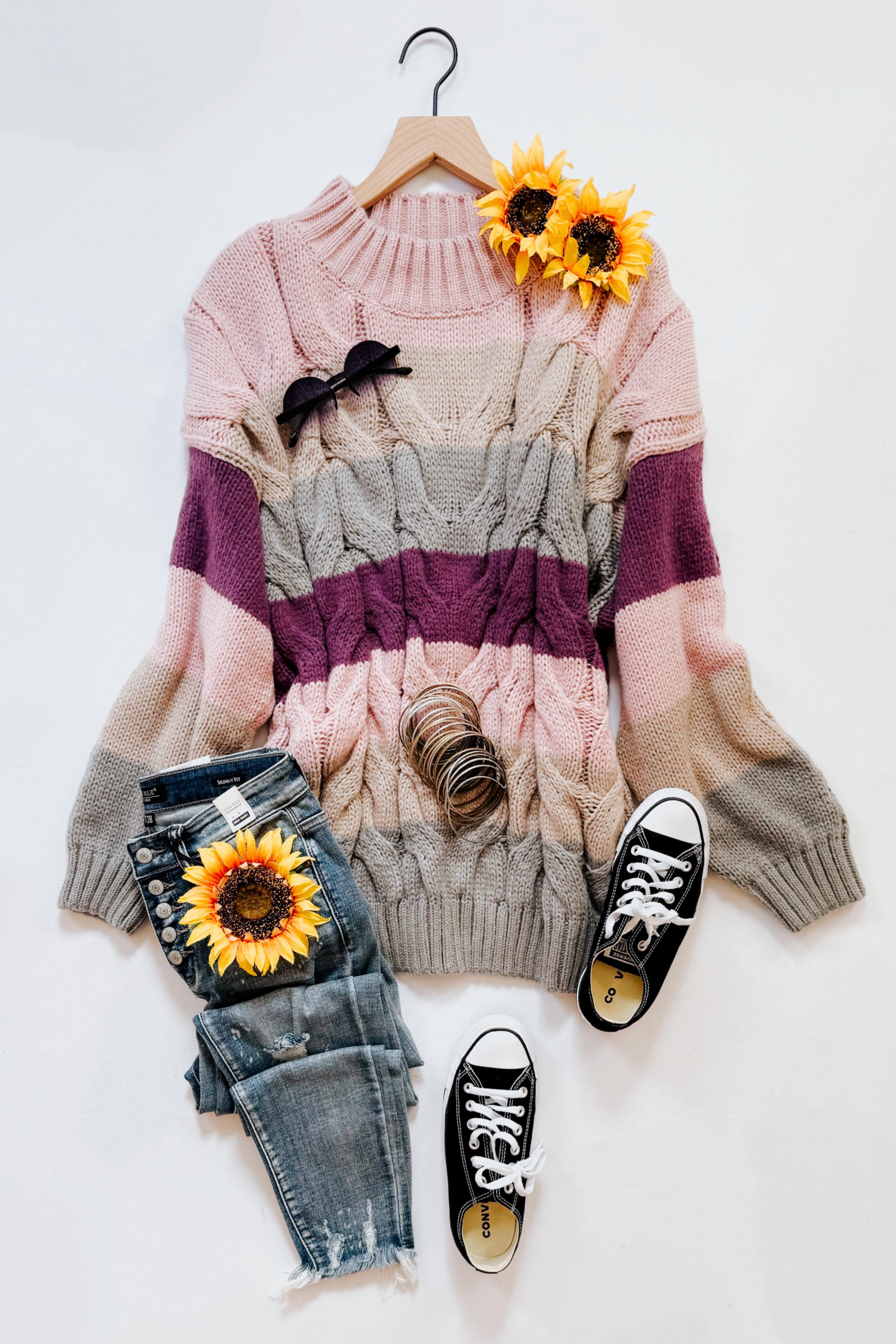 Your Blessings Stripe Cable Knit Mock Neck Sweater • Mauve