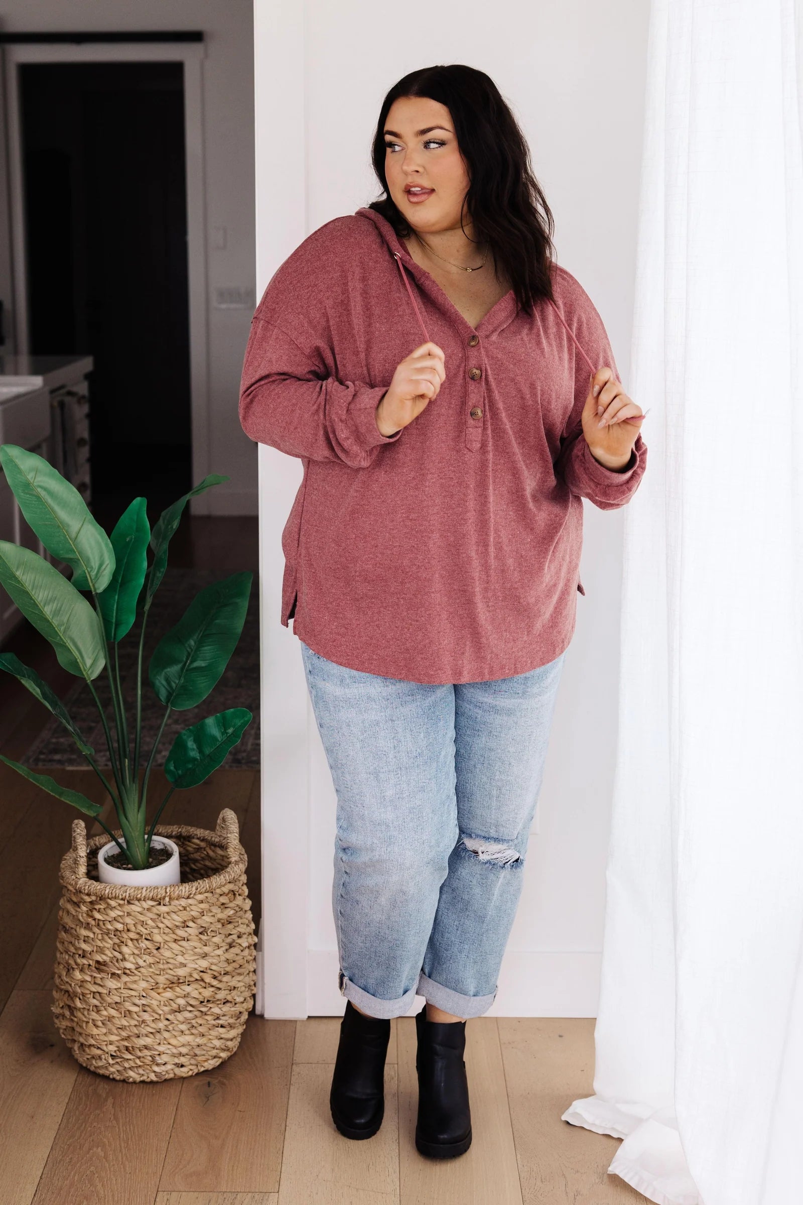 Happier Now Henley Hoodie • Burgundy