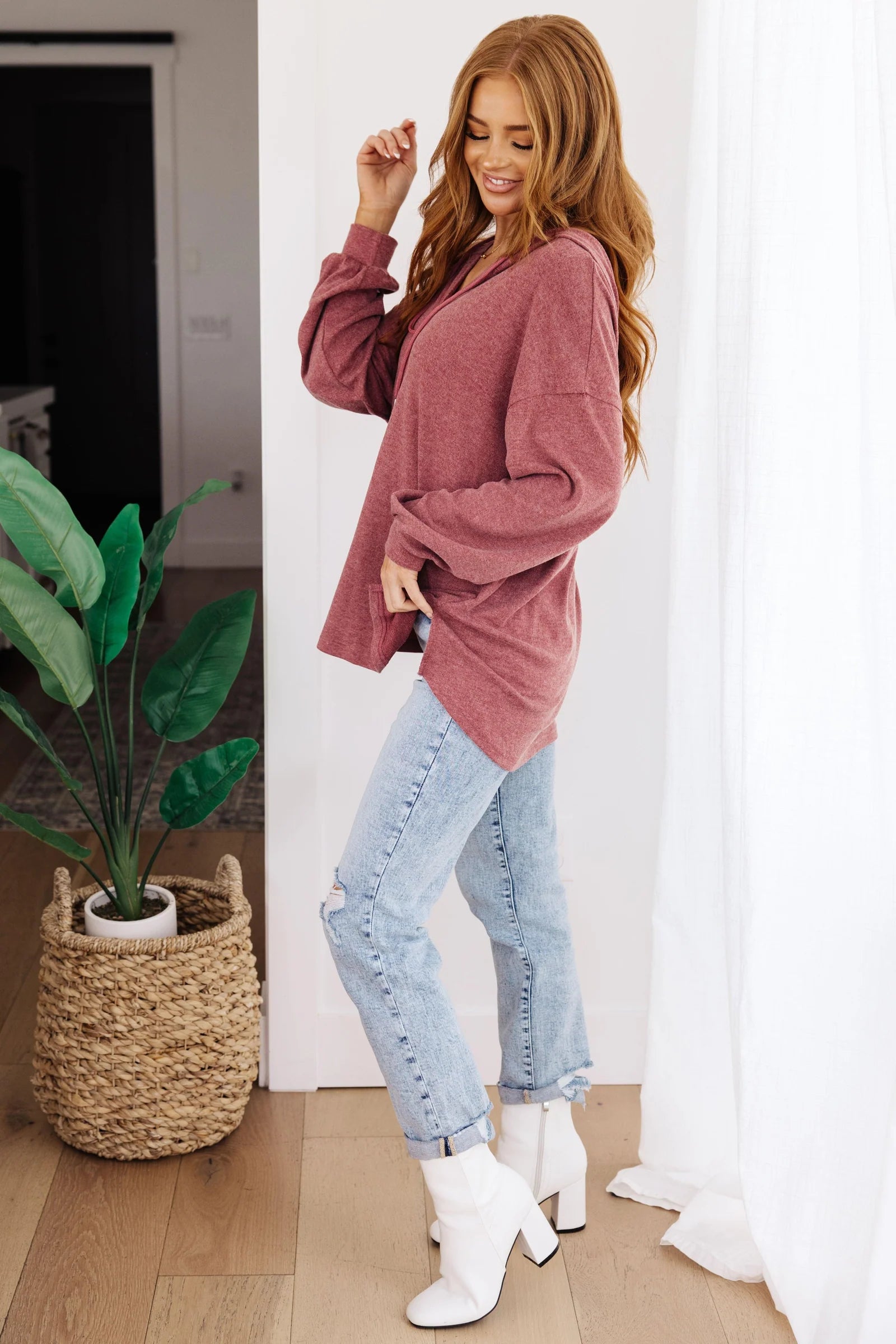 Happier Now Henley Hoodie • Burgundy