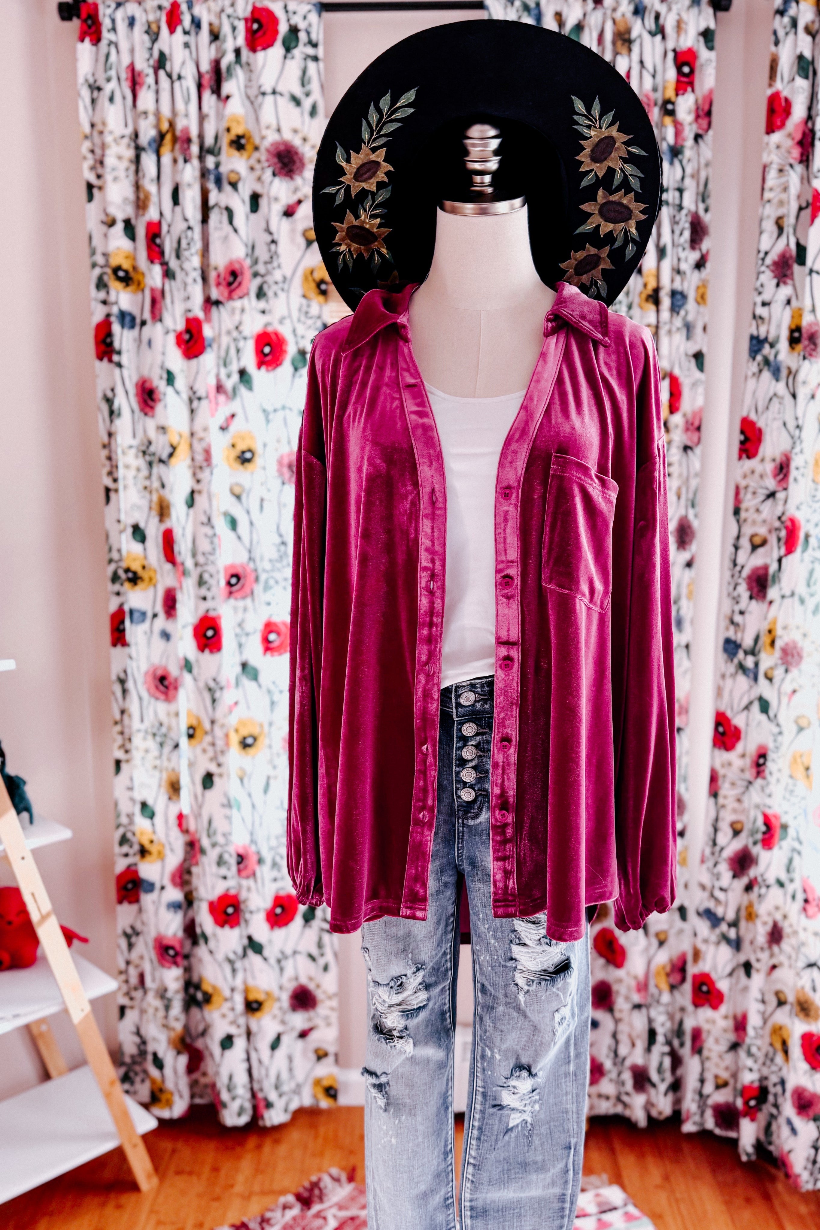 The Best Policy Velvet Balloon Sleeve Top