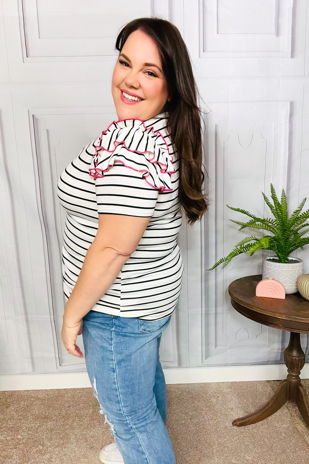 Get To It Ruffle Sleeve Stripe Top