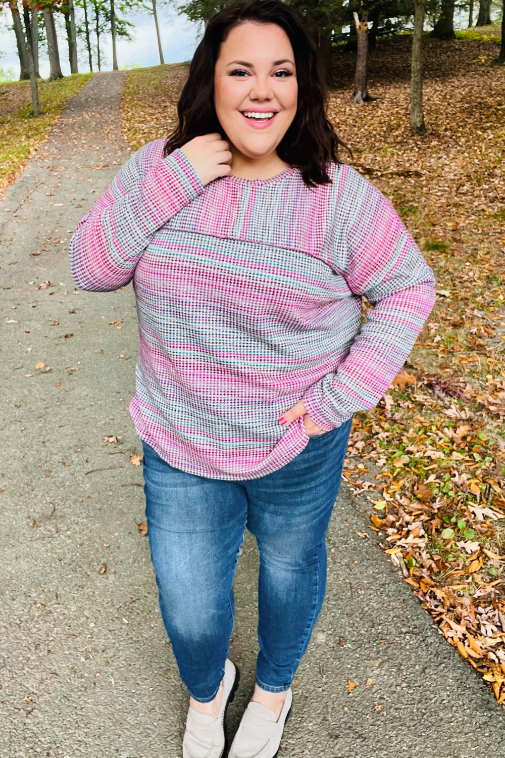 On The Run Magenta Multicolor Textured Knit Top