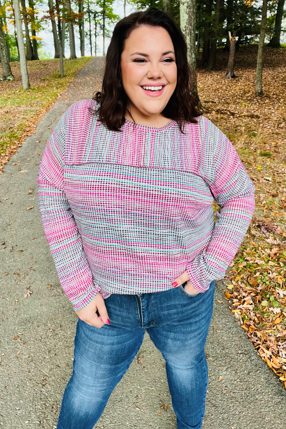 On The Run Magenta Multicolor Textured Knit Top